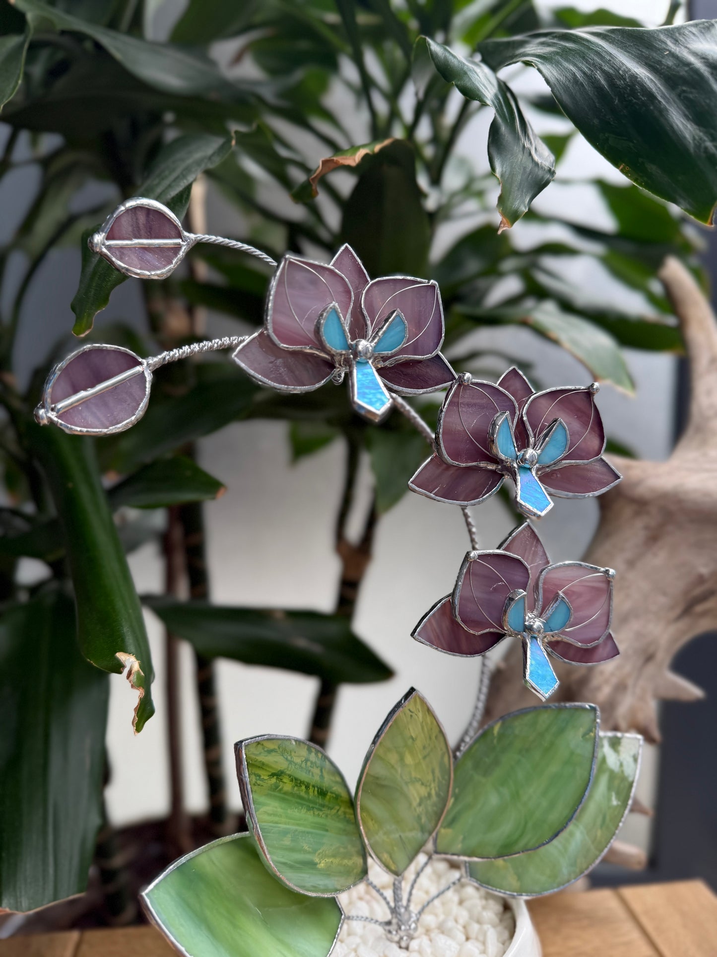 " . Dusty Rose translucent Orchid 3 flowers with pot 2025” Stained glass tropical flower 3D, Sun catcher, Table plant, Garden stick, Outdoor and gardening decor