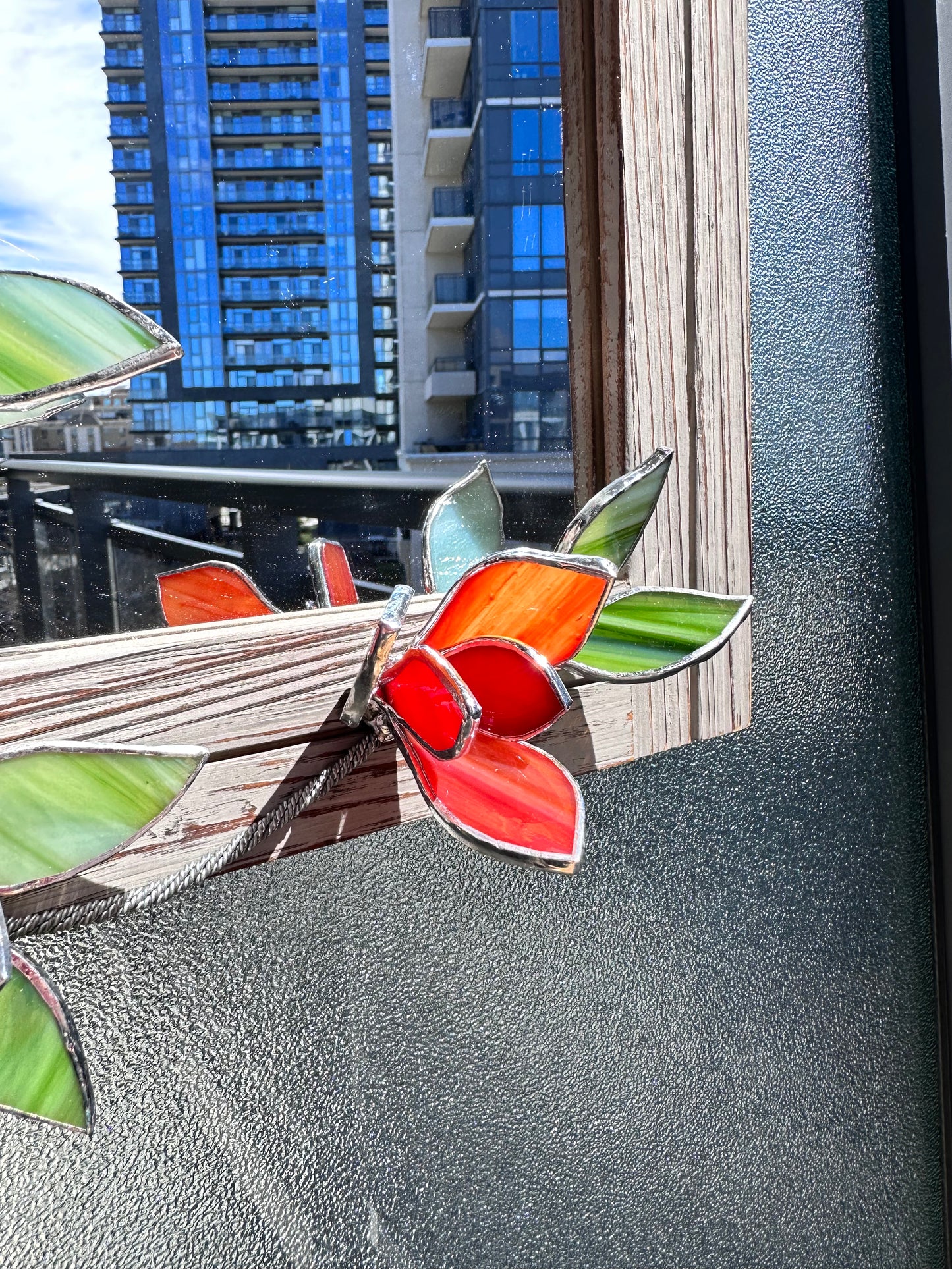 " . Flower Mirror Ruby Red Magnolia, Stained glass Wedding Wall Decor, Christmas gift, Suncatcher