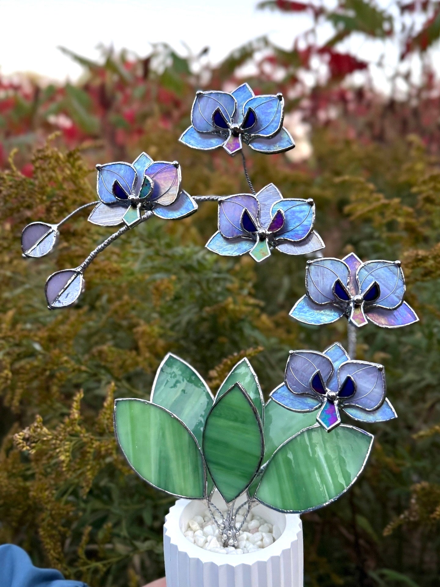 " .  Lavender iridescent Orchid 5 flowers with pot" Stained glass tropical flower 3D, Sun catcher, Table plant