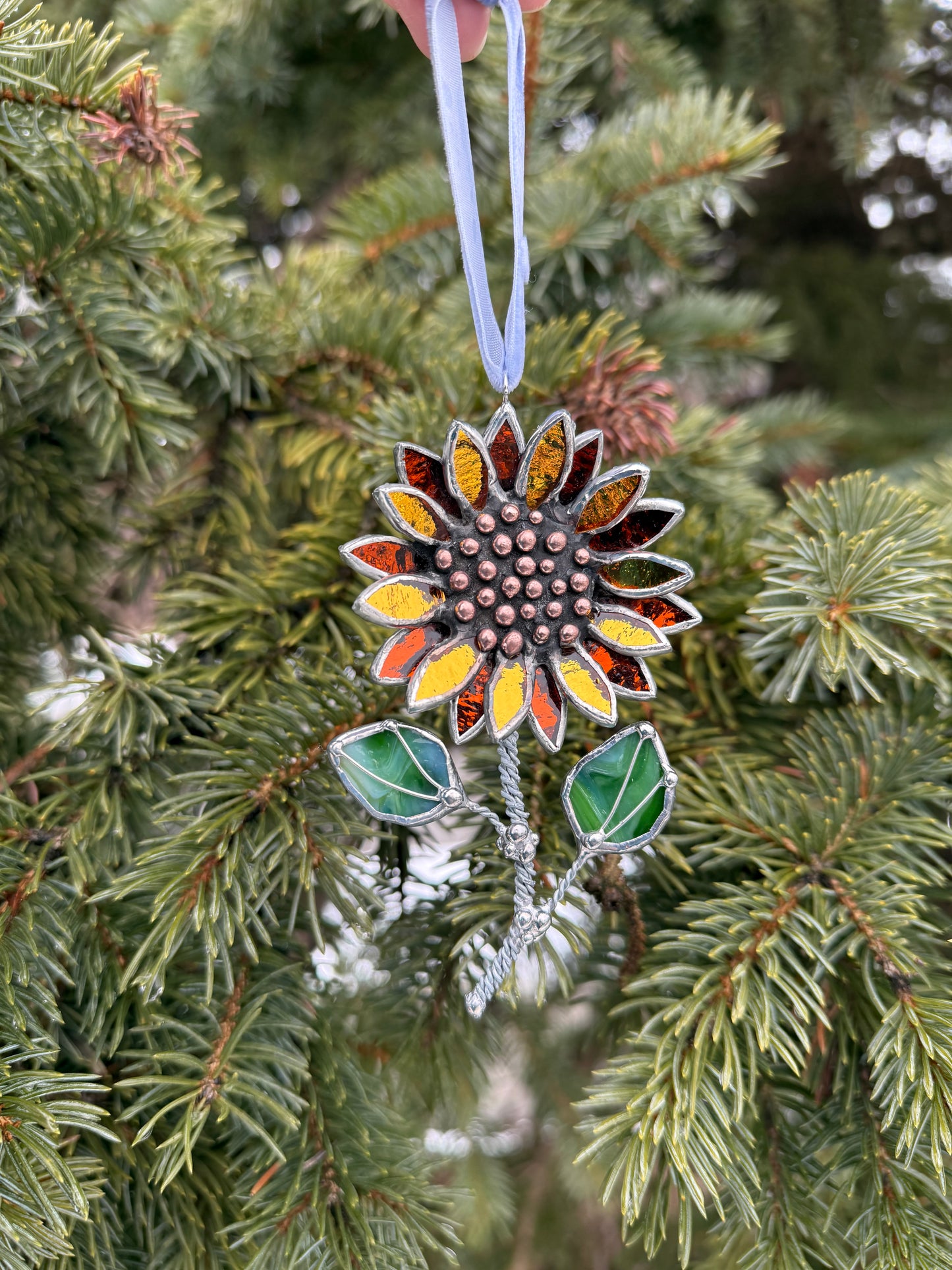 " . Ornament Sunflower Gold & Amber Silvercoat” Stained glass tropical flower 3D
