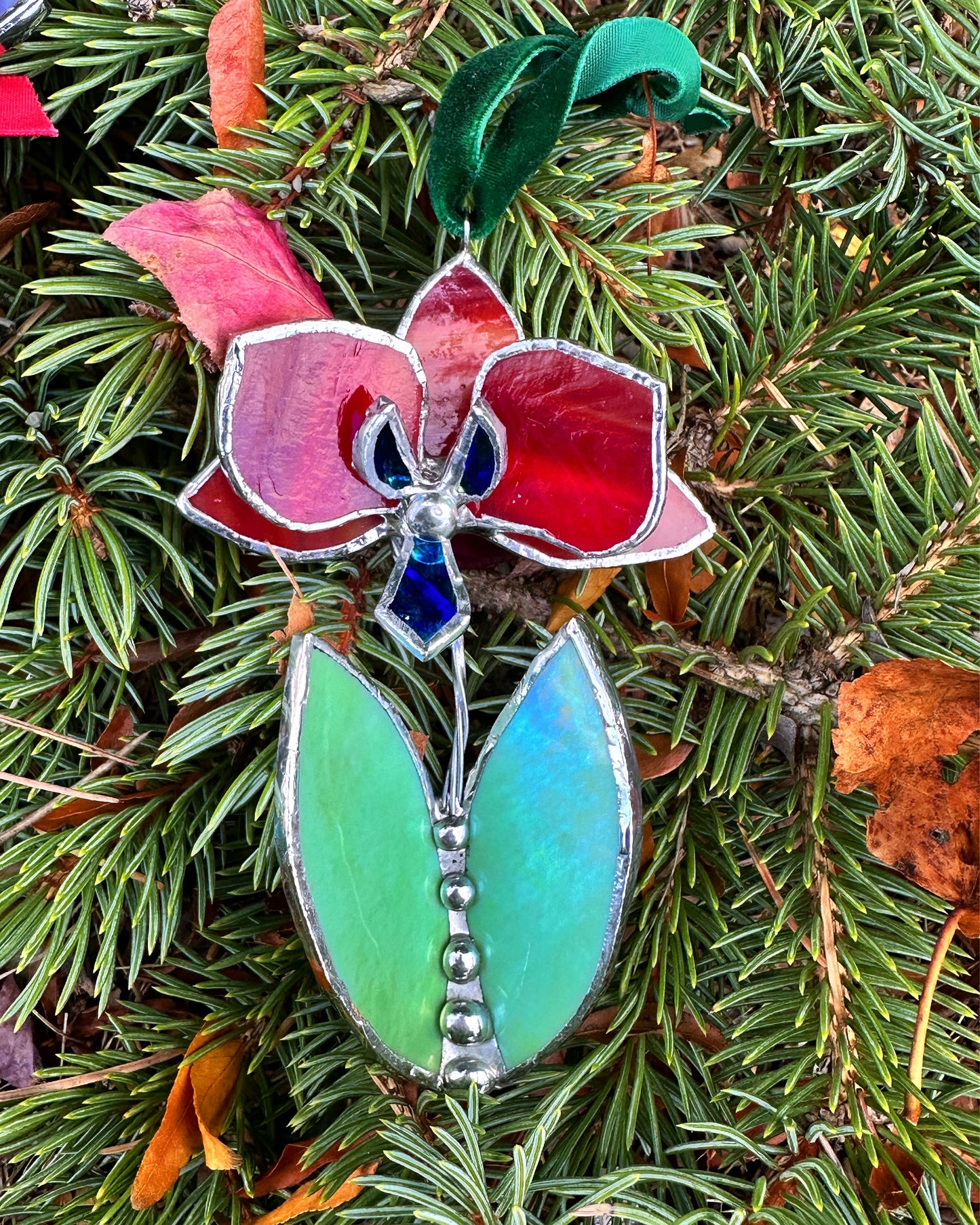 Christmas tree ornaments Orchid with leafs. Mix of 3, 5. Wall window decor, Stained glass Holiday decorations lights