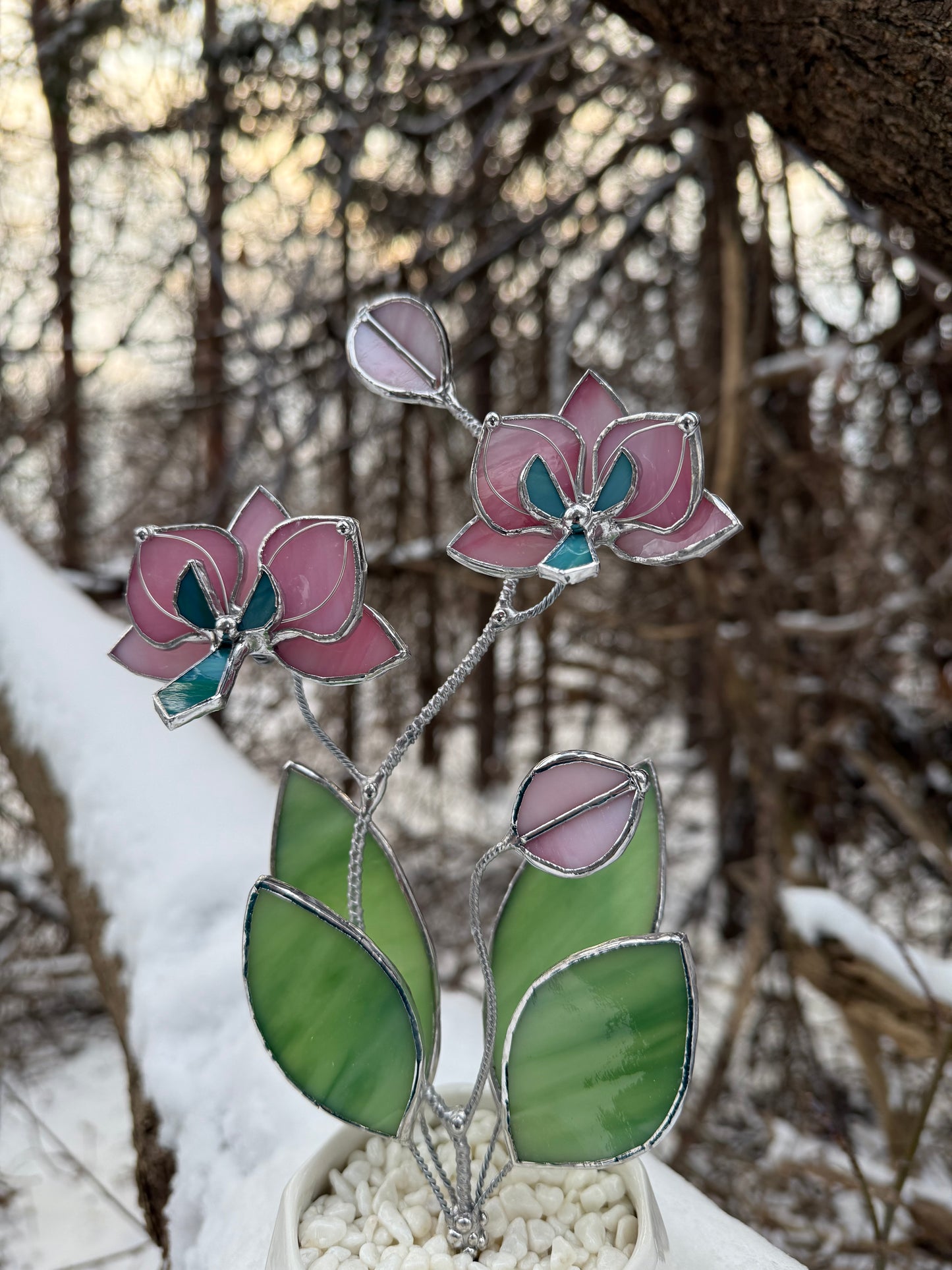 " . Bright Pink Orchid, 2 flowers with pot” Stained glass tropical flower 3D, Sun catcher, Table plant decor, Garden stick, Outdoor and gardening decor