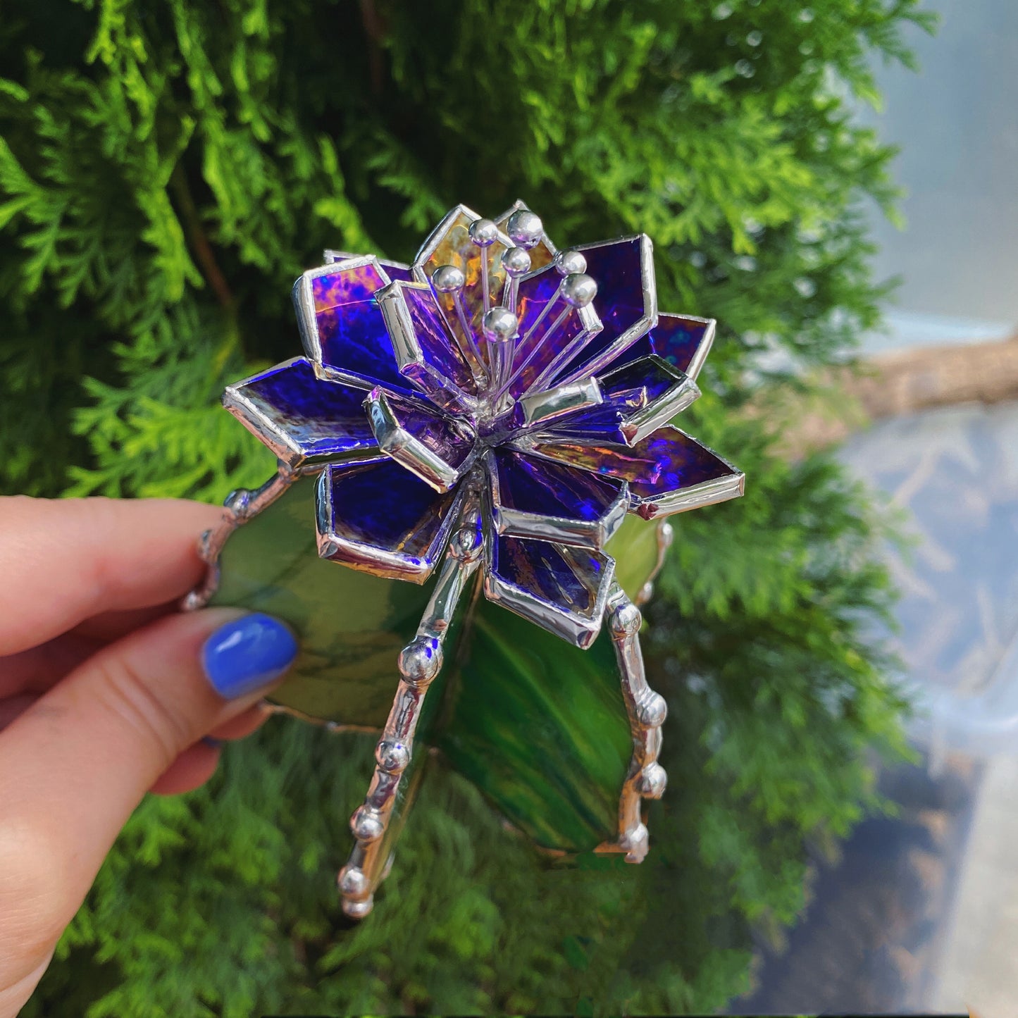"Cactus Blue-Gold Iridescent XL" Stained glass, Succulent 3D, Cacti, house plant for flower pot, Sun catcher, glass art