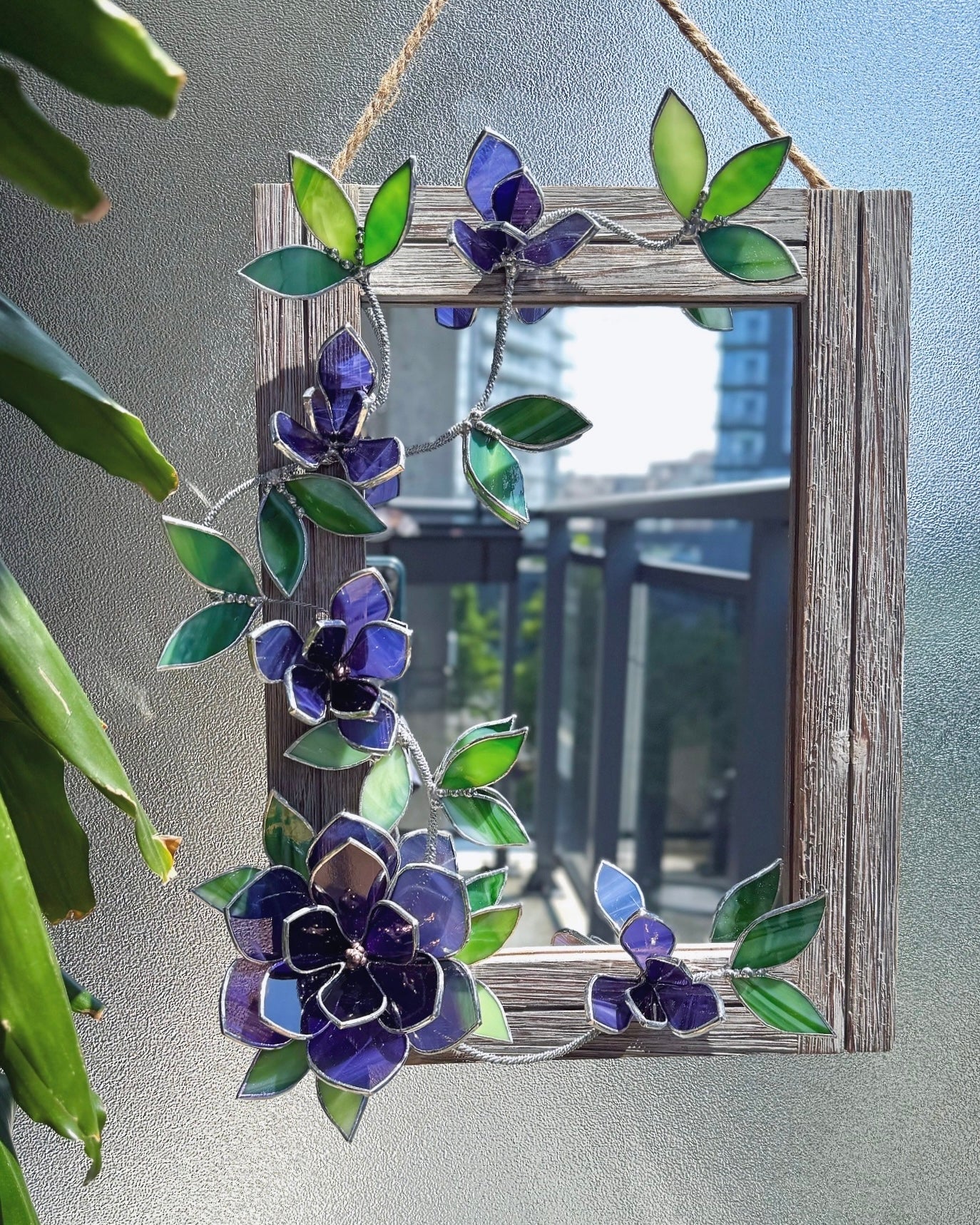 " . Amethyst translucent Magnolia Flower Mirror, Stained glass Wedding Wall Decor Christmas gift, Suncatcher
