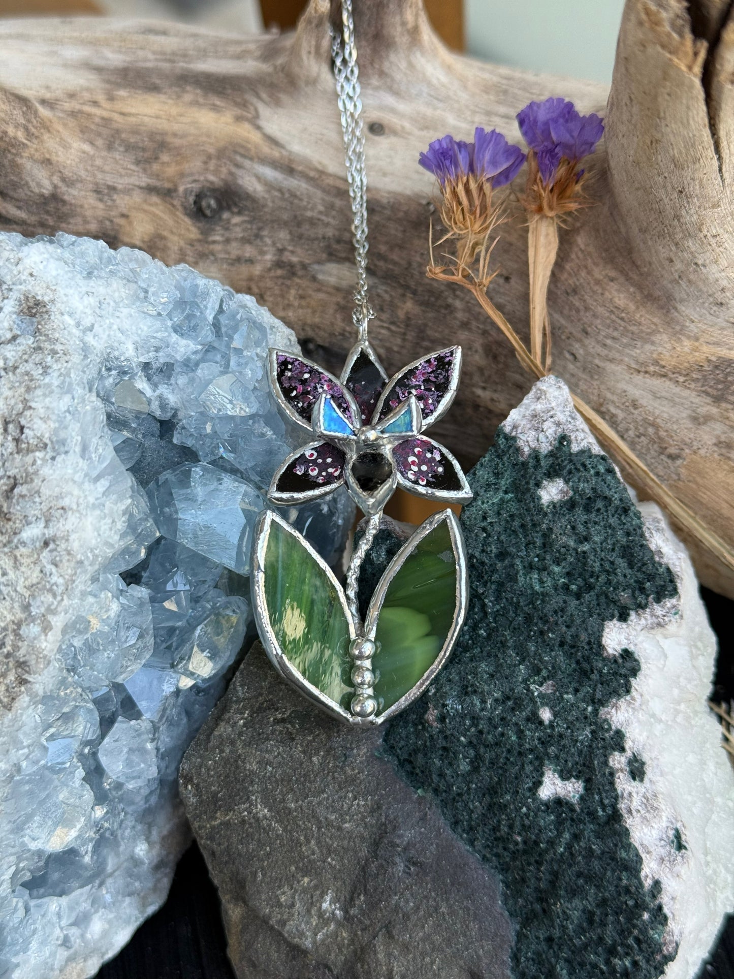 " . CHOOSE COLOR “NECKLACE OR BROOCH orchid flower with leaves” Stained glass tropical flower 3D, art jewelry
