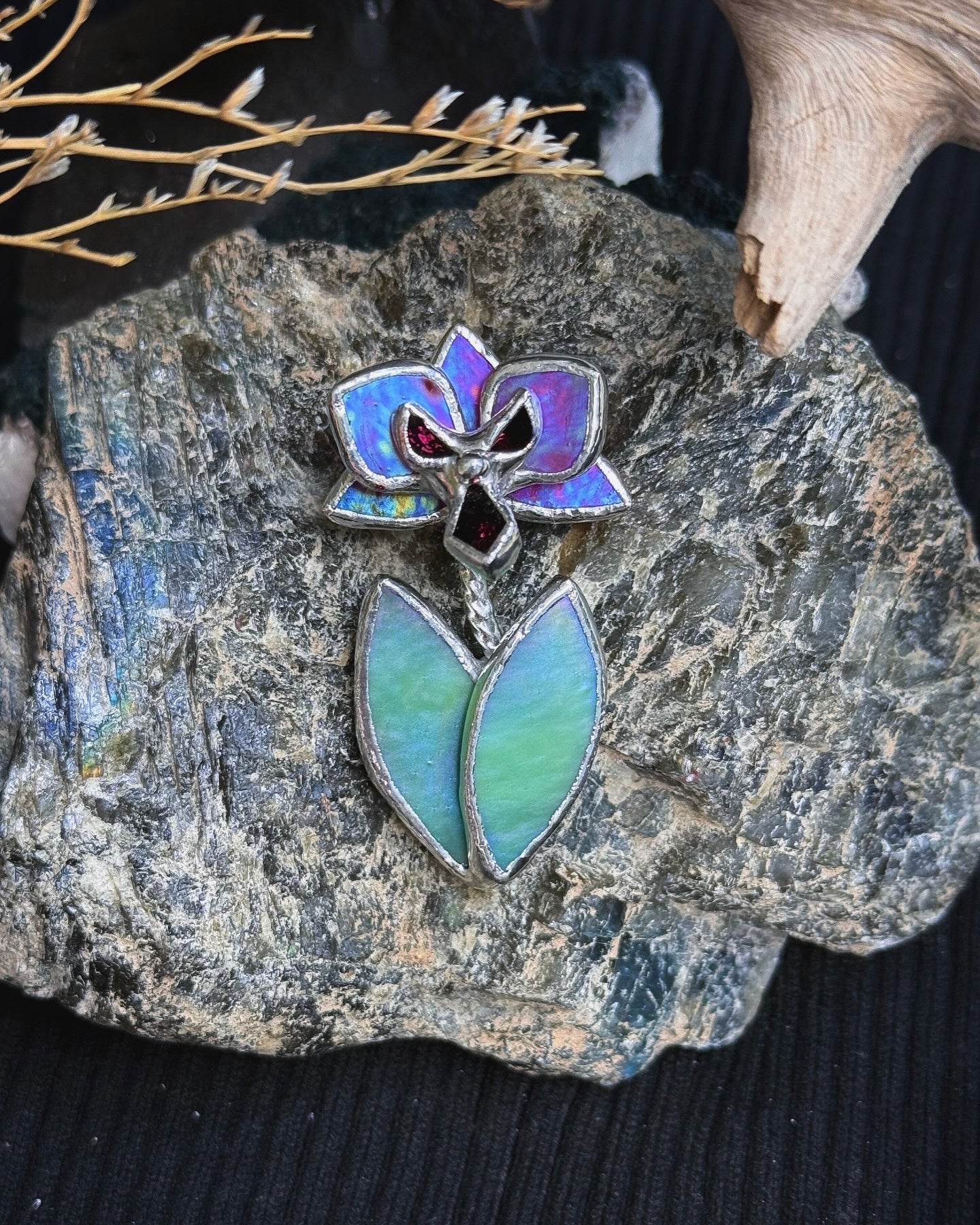 " . Brooch Orchid Berry Red iridescent” Stained glass tropical flower 3D