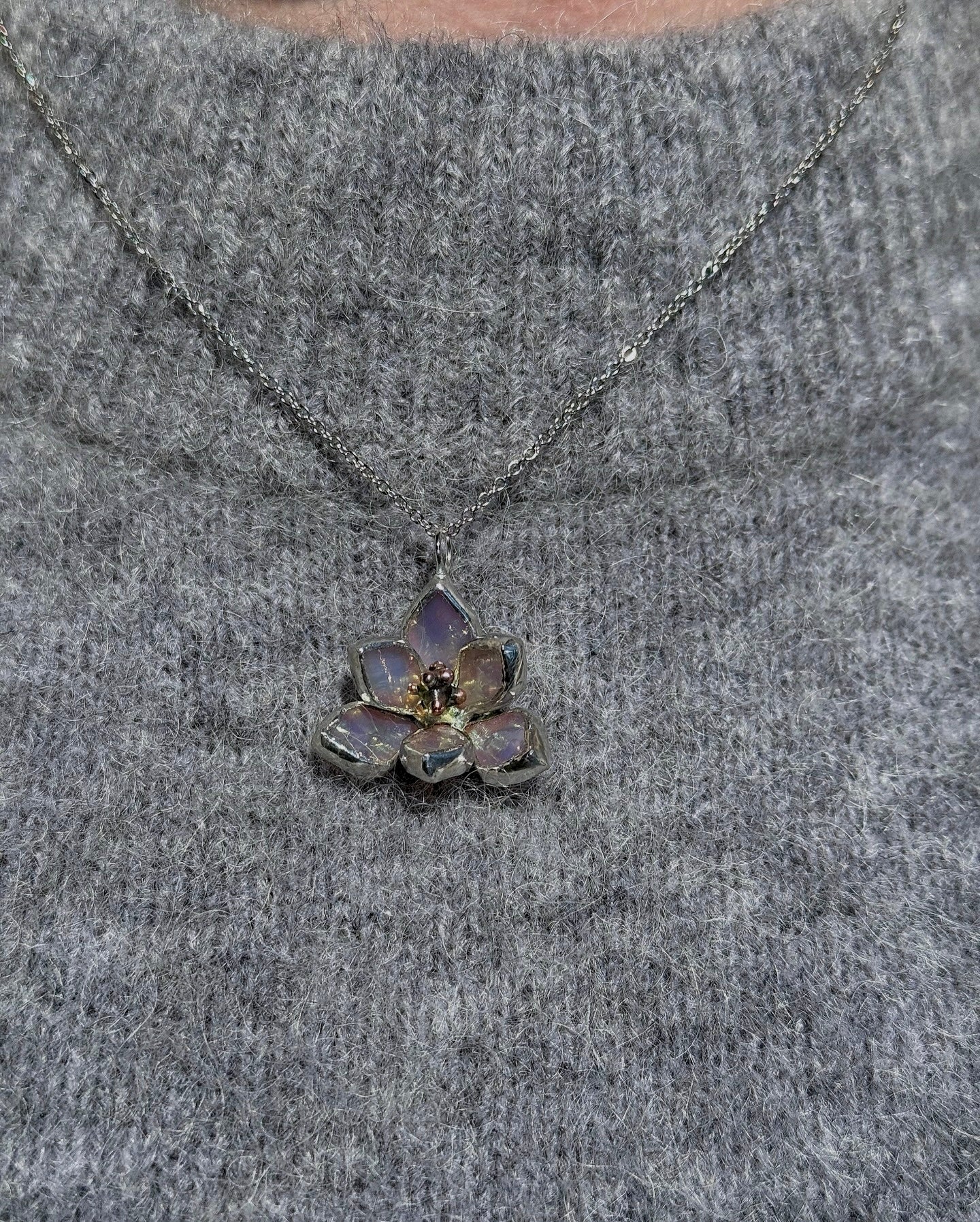 " . Magnolia flower White pearl iridescent Necklace ” Stained glass tropical flower 3D, art jewelry