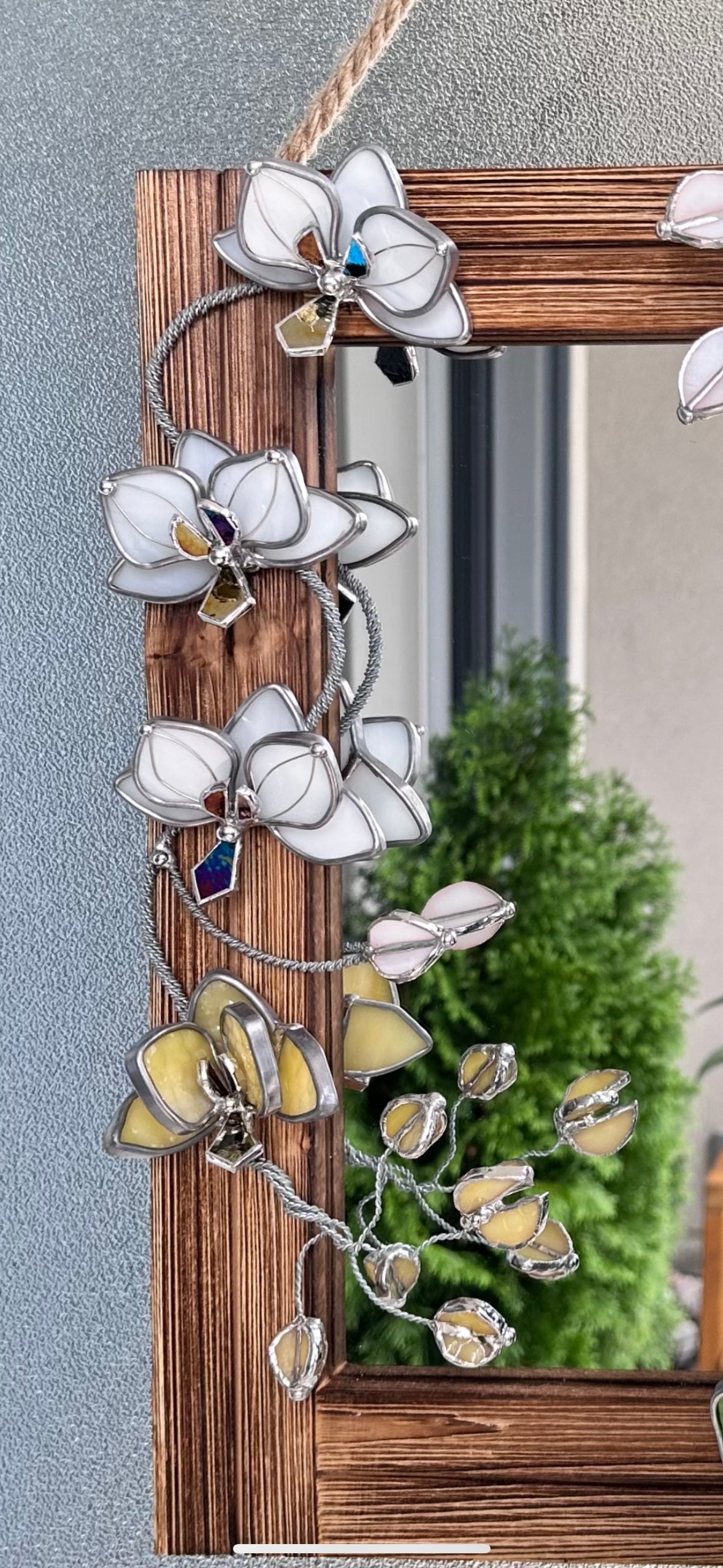 "Blooming Orchid white" Stained glass flower Mirror wall decor Art, Wedding, Christmas, gift Decoration Glass flowers Succulents.