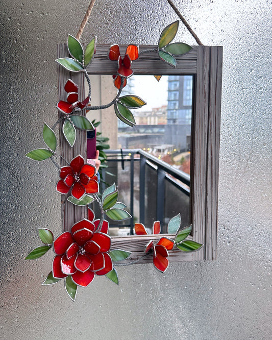 " . Flower Mirror Ruby Red Magnolia, Stained glass Wedding Wall Decor, Christmas gift, Suncatcher