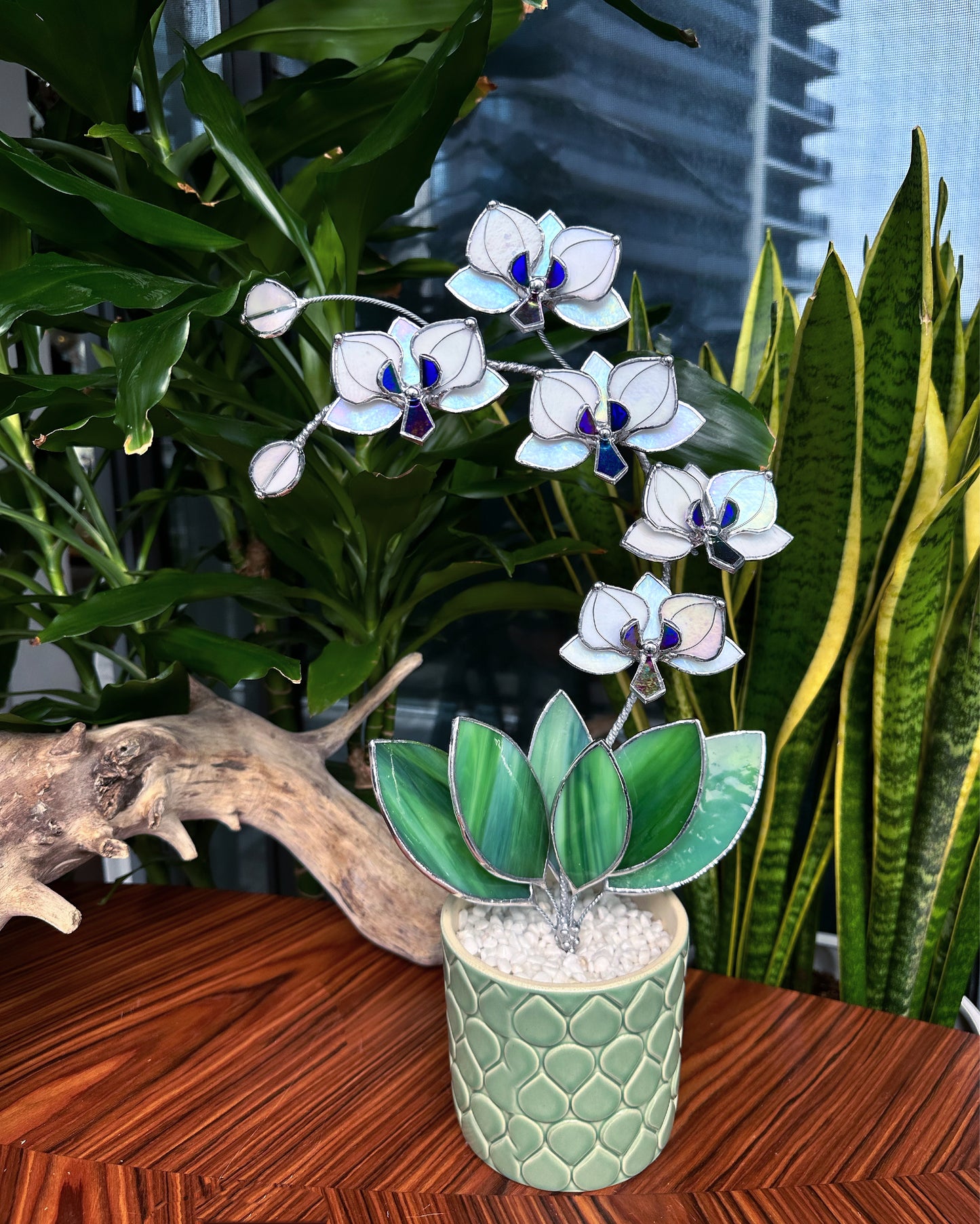 " . Orchid White Pearl iridescent 5 flowers with pot” Stained glass tropical flower 3D, Sun catcher, Table plant decor, Garden stick, Outdoor and gardening decor