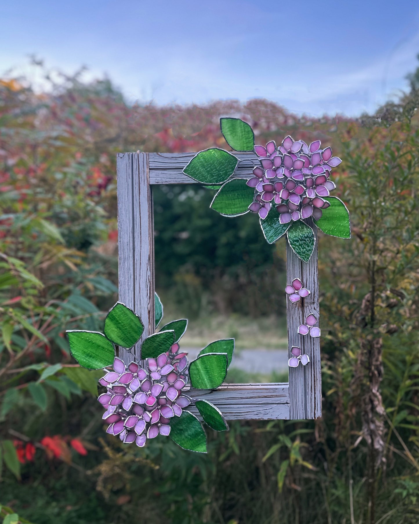 " . Pink Hydrangea Flower Mirror , Stained glass Wedding Wall Decor, Christmas gift, Suncatcher, available