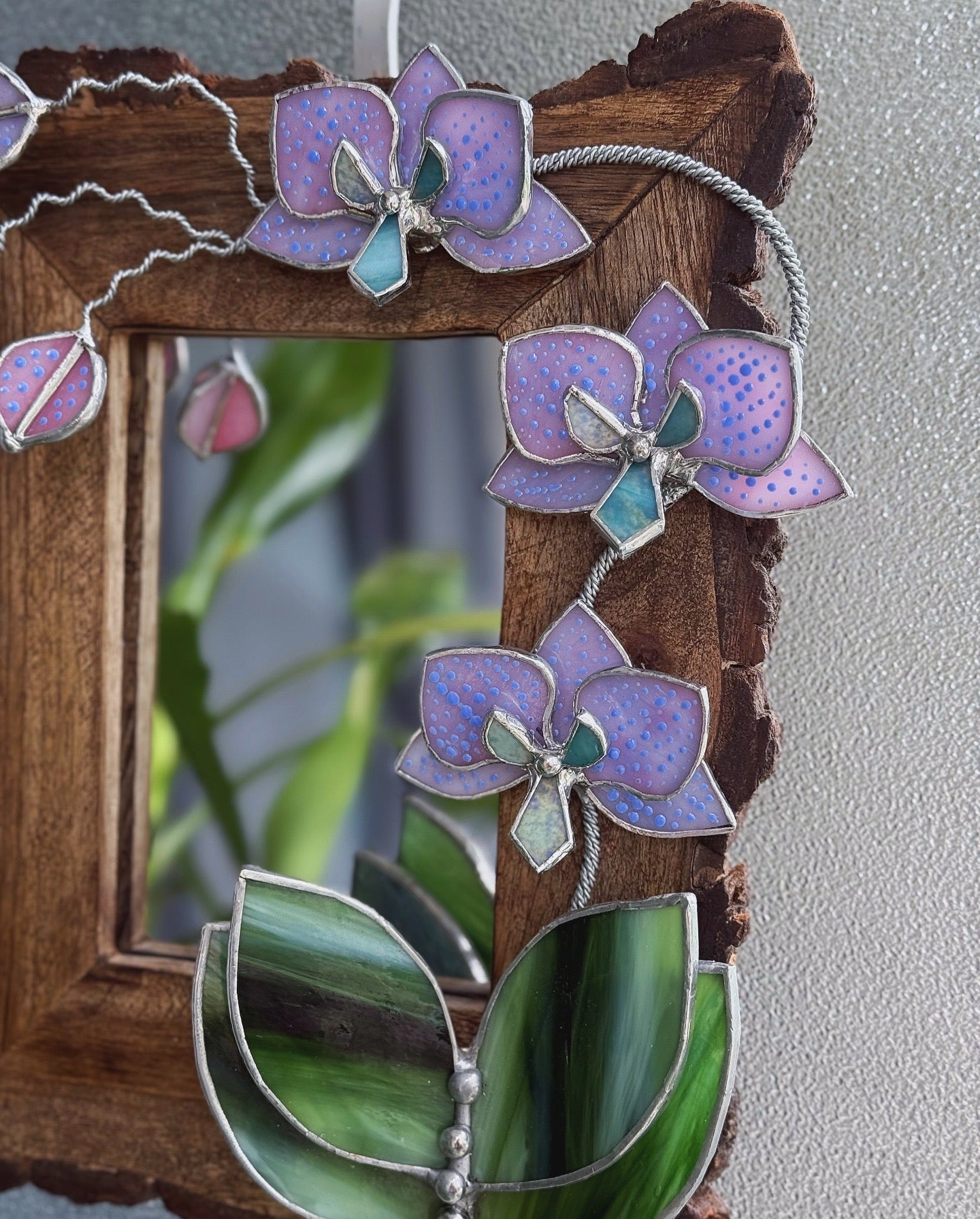 " . Dusty Pink with pattern Orchid Mirror”, Stained glass flower Wall window table decor, Suncatcher, Home wedding Decor, Christmas gift, available sale