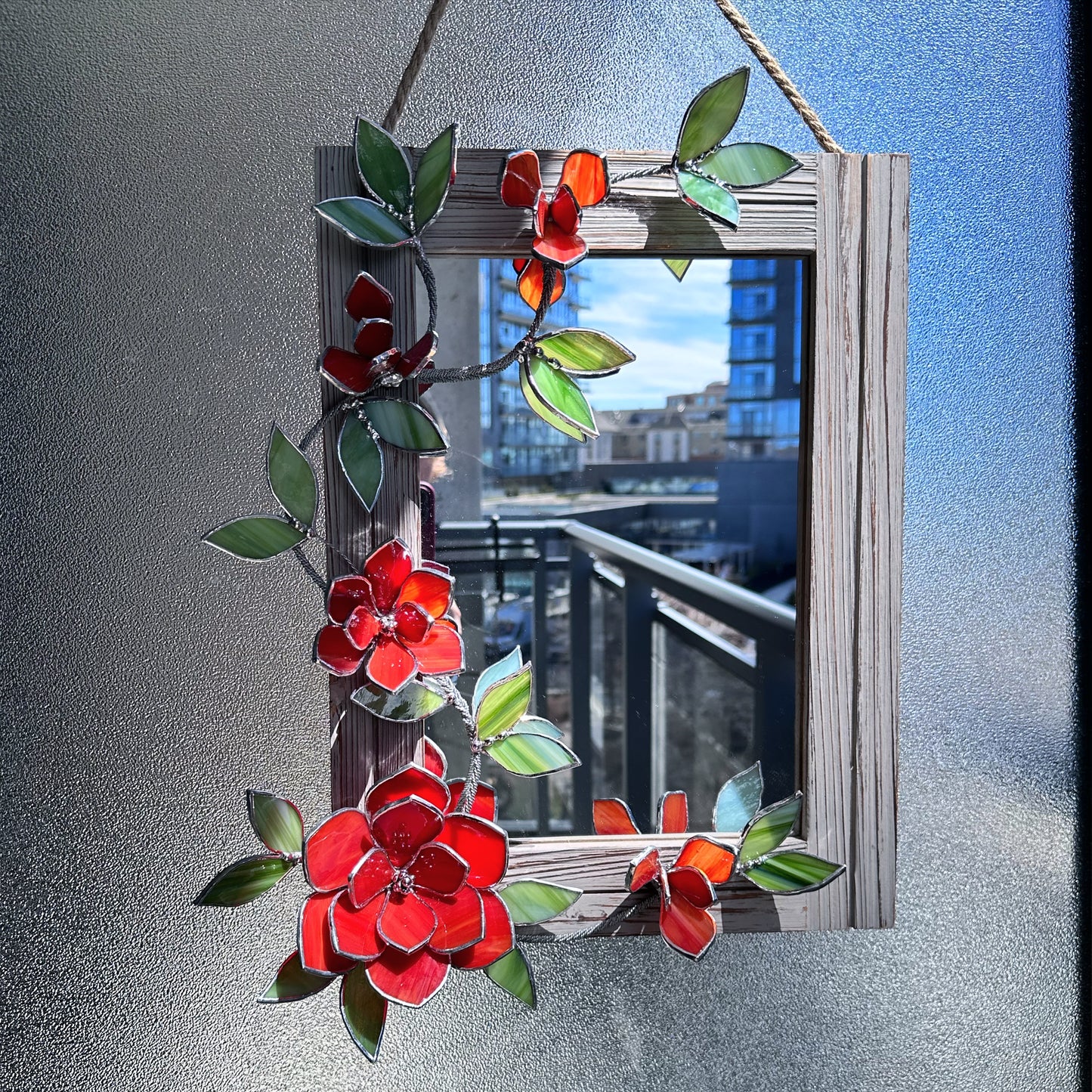 " . Flower Mirror Ruby Red Magnolia, Stained glass Wedding Wall Decor, Christmas gift, Suncatcher