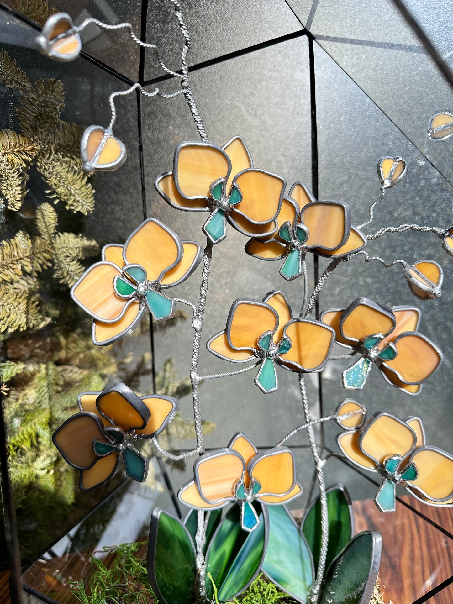 " .Geometric glass 3D terrarium Asymmetrical with stained glass orchids. Wedding glass decor, Mother’s Day gift, glass art, suncatcher, succulents, cacti