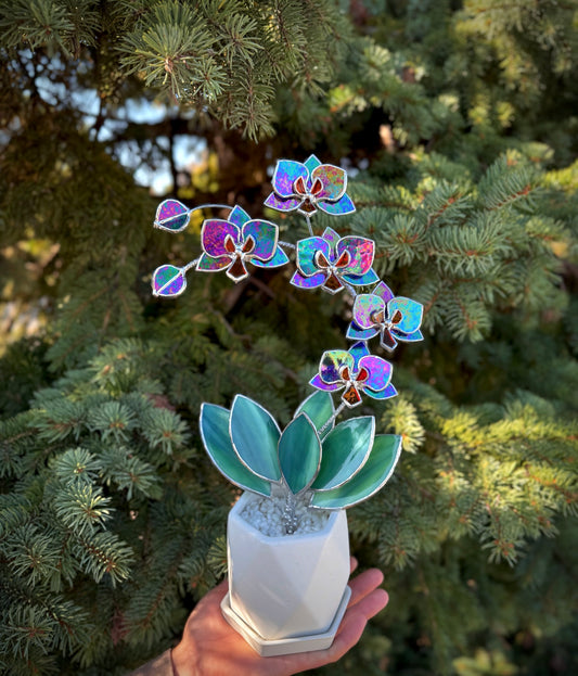 " .  Amethyst Indigo iridescent Orchid 5 flowers with pot" Stained glass tropical flower 3D, Sun catcher, Table plant, Garden stick, wedding decor, Christmas gift