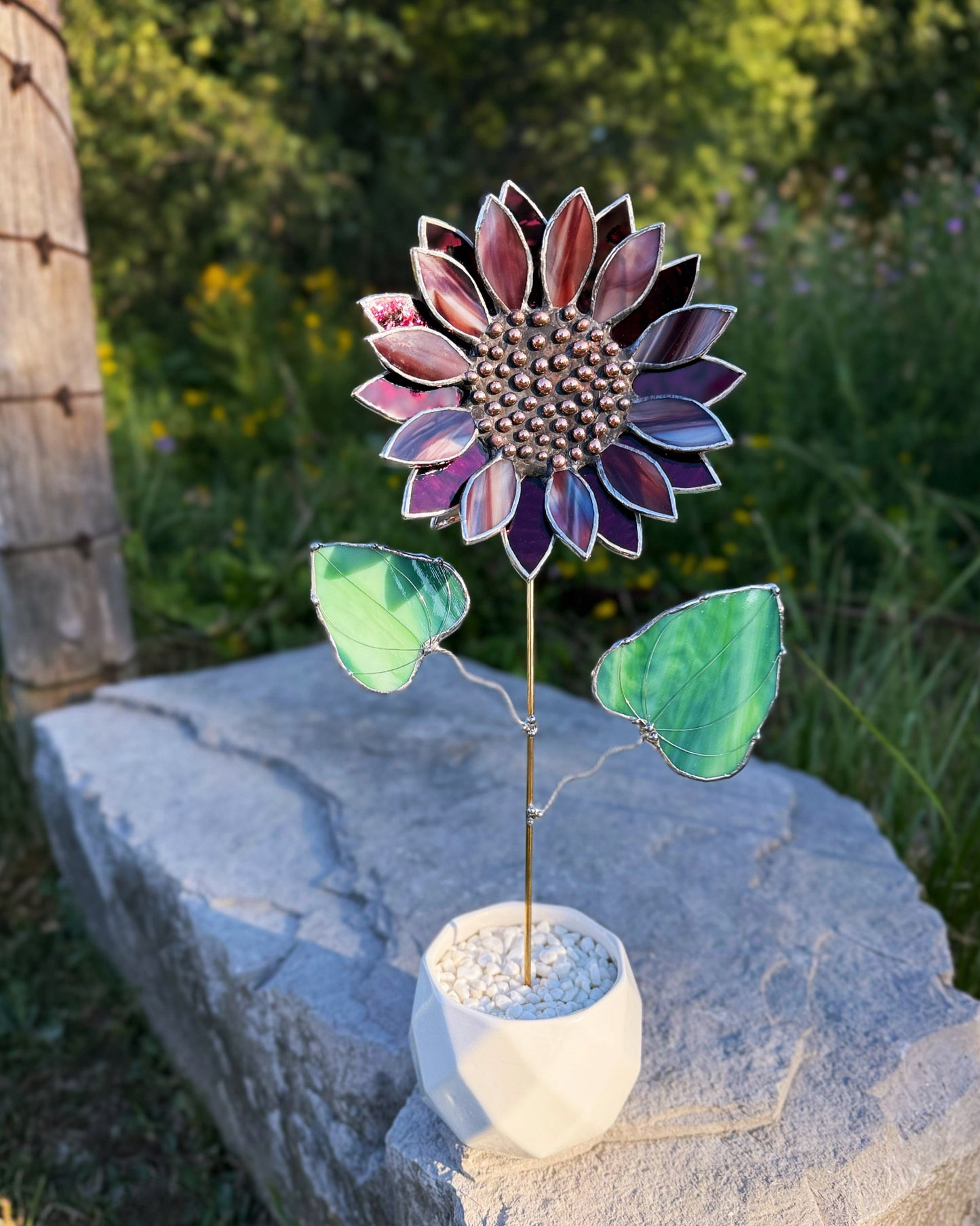 " . Sunflower Marble grey & purple silver oat", stained glass tropical flower 3D, Sun catcher, Table plant decor, Garden stake, Outdoor and gardening, wedding Christmas gift