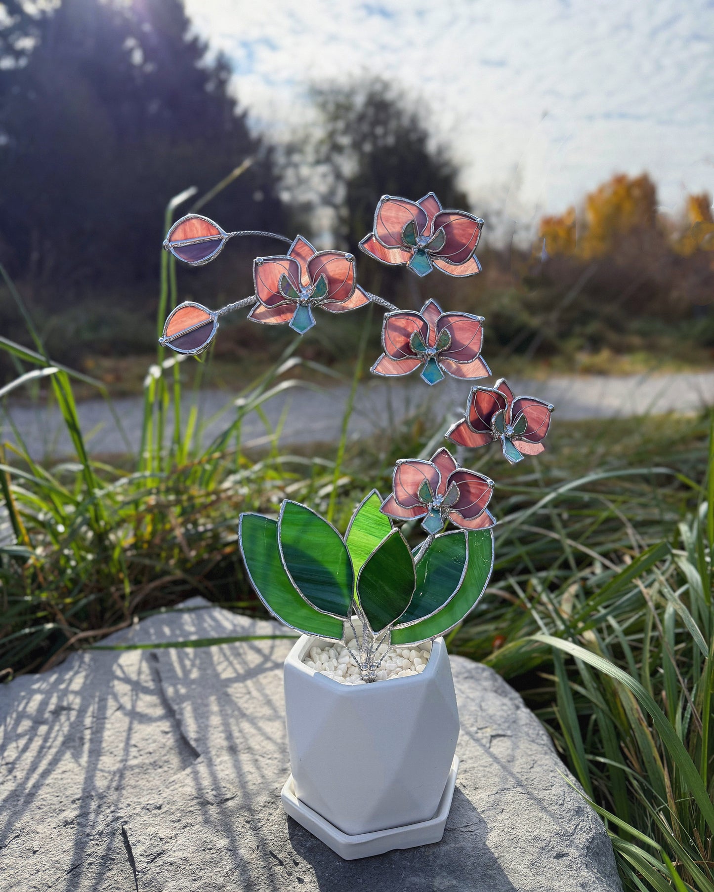 " . Dusty Rose translucent Orchid 5 flowers with pot" Stained glass tropical flower 3D, Sun catcher, Table plant, Garden stick, wedding decor, Christmas gift