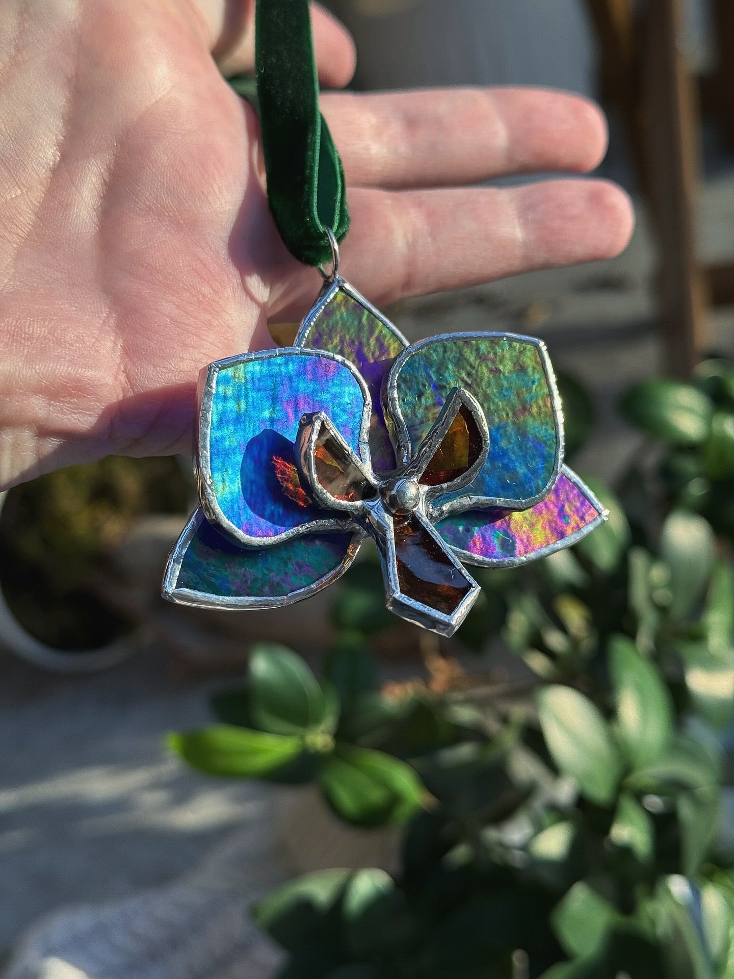 " . Orchid flower Indigo irid, Stained glass Decorative ORNAMENT, Christmas decoration, Suncatcher