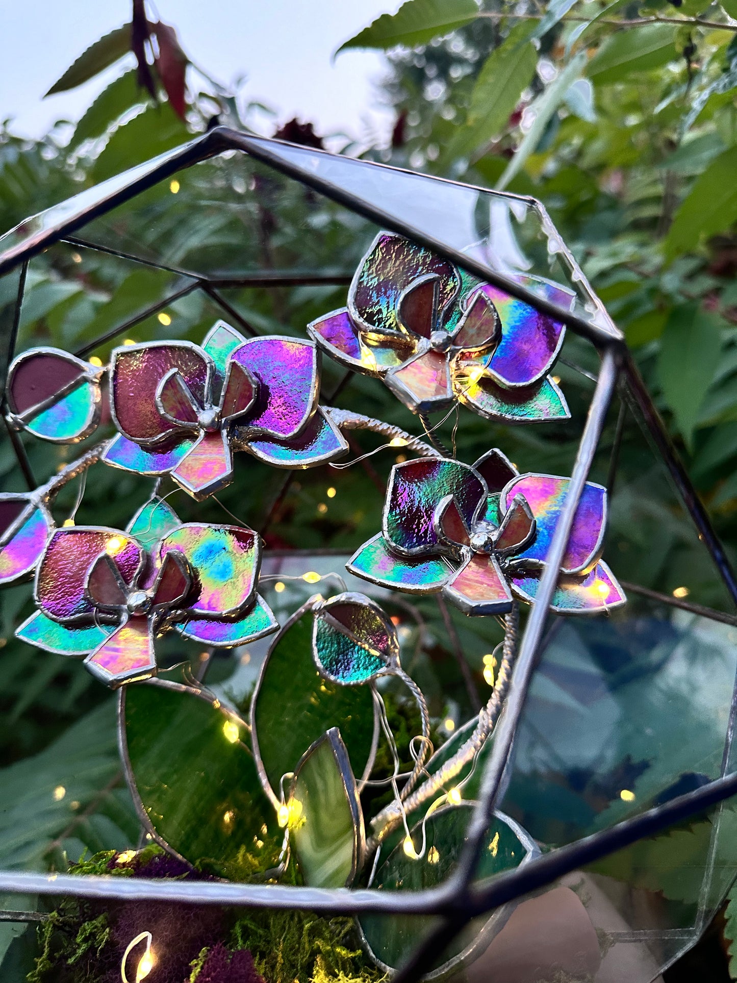 " . Geometric glass 3D terrarium Sphere with stained glass iridescent orchid. Wedding glass decor, Mother’s Day gift, glass art, suncatcher, succulents, cacti