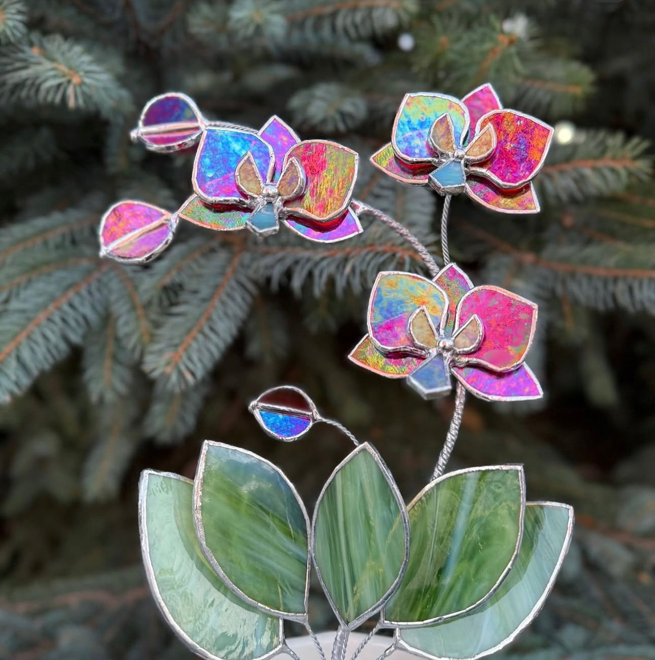 " . Red transparent iridescent Orchid 3 flowers with pot” Stained glass tropical flower 3D, Sun catcher, Table plant, Garden stick, Outdoor and gardening decor,