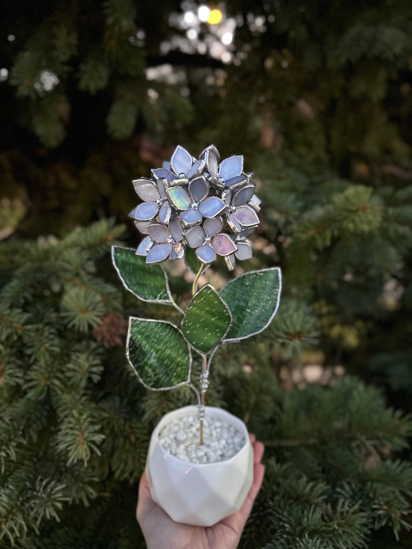 " . Lavender blue Hydrangea bunch iridescent in the pot”, Stained glass tropical flower 3D, Sun catcher, Table plant, Garden stick, Outdoor and gardening decor