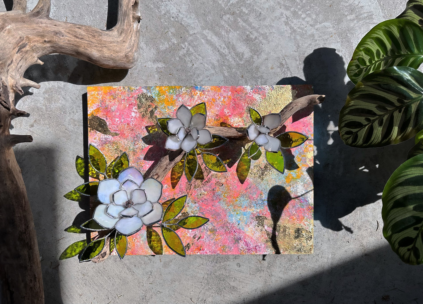 ". Acrylic painting ‘Spring Magnolia’ with stained glass 3D flowers, Wall decor, Wedding, Christmas gift