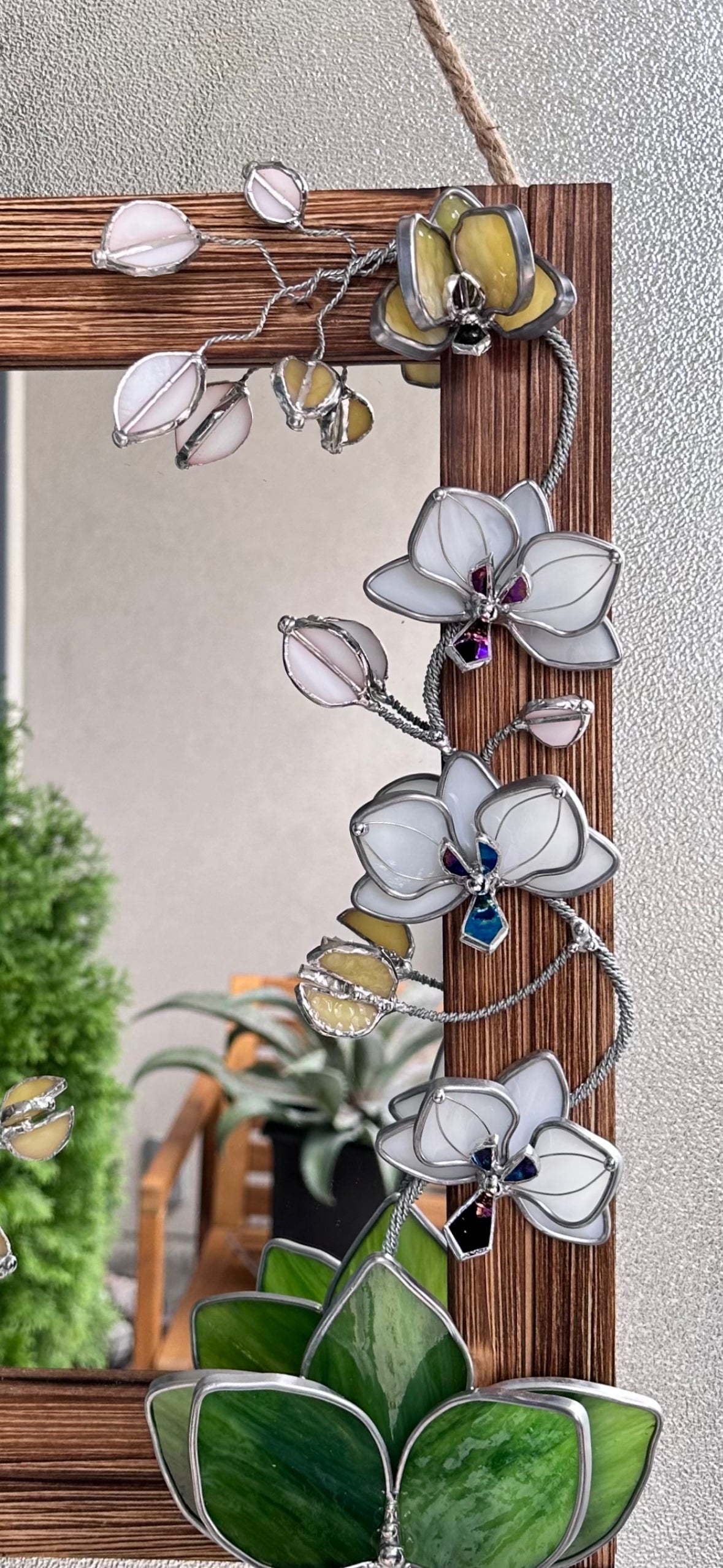 "Blooming Orchid white" Stained glass flower Mirror wall decor Art, Wedding, Christmas, gift Decoration Glass flowers Succulents.