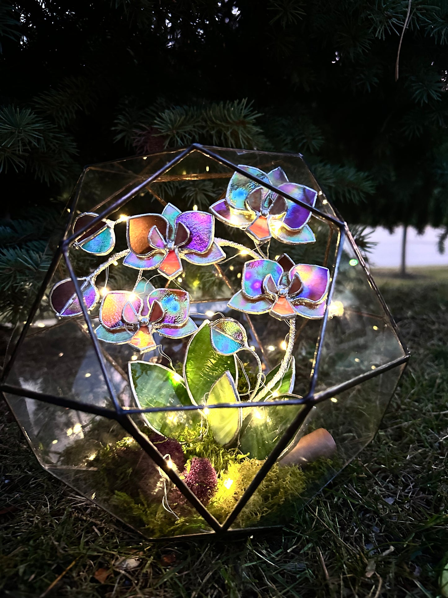 " . Geometric glass 3D terrarium Sphere with stained glass iridescent orchid. Wedding glass decor, Mother’s Day gift, glass art, suncatcher, succulents, cacti