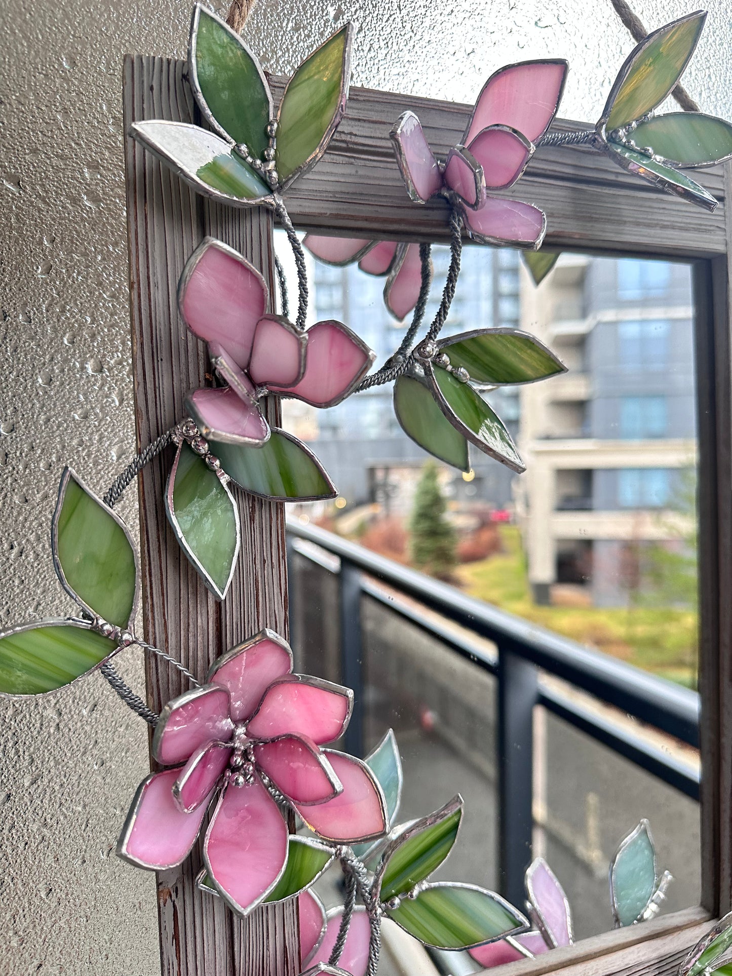 " .  Baby Pink Magnolia Flower Mirror, Stained glass Wedding Wall Decor Christmas gift, Suncatcher