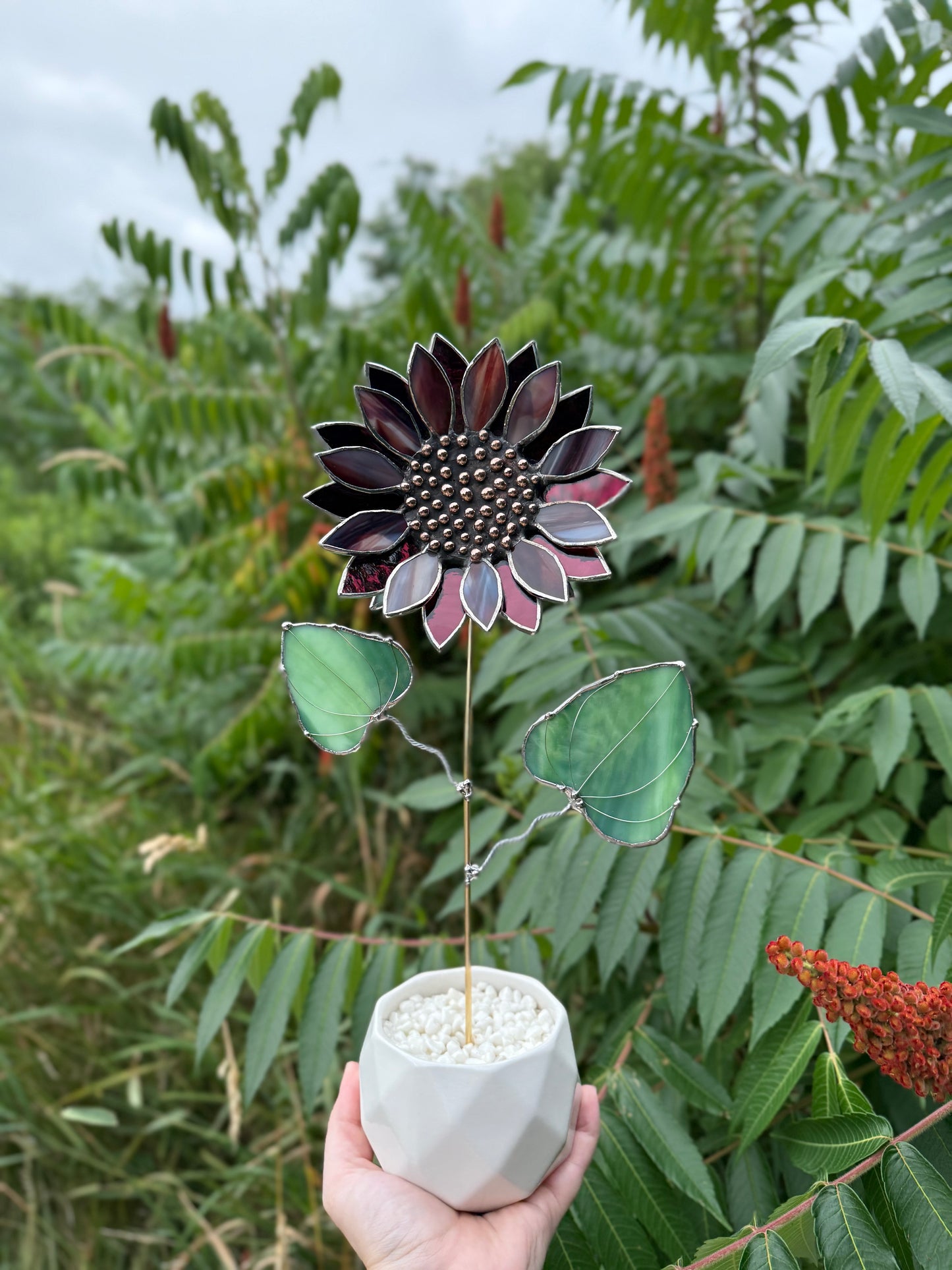 " . Sunflower Marble grey & purple silver oat", stained glass tropical flower 3D, Sun catcher, Table plant decor, Garden stake, Outdoor and gardening, wedding Christmas gift