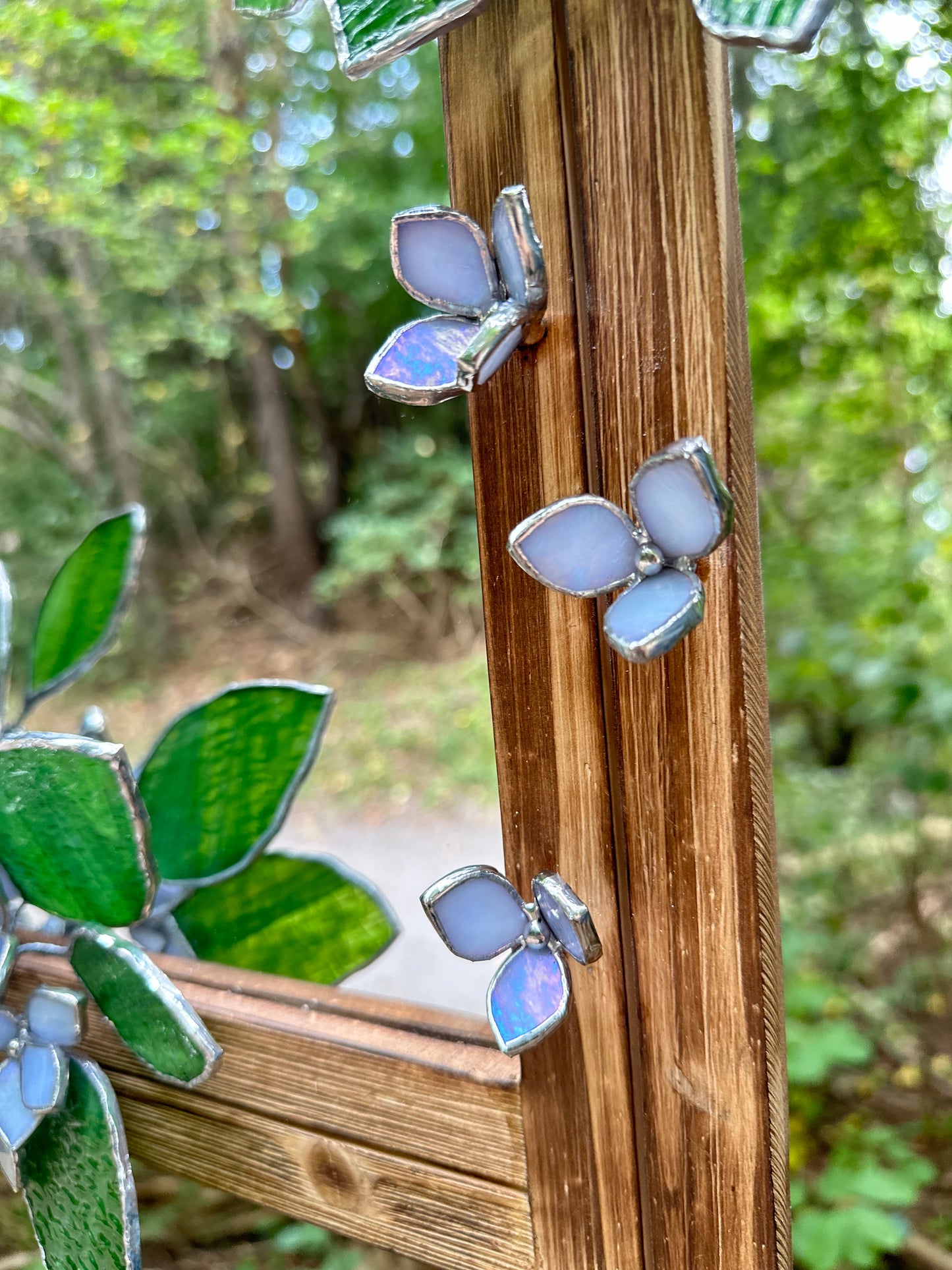 " . Lavender light blue iridescent Hydrangea Flower Mirror, Stained glass Wedding Wall Decor, Christmas gift, Suncatcher