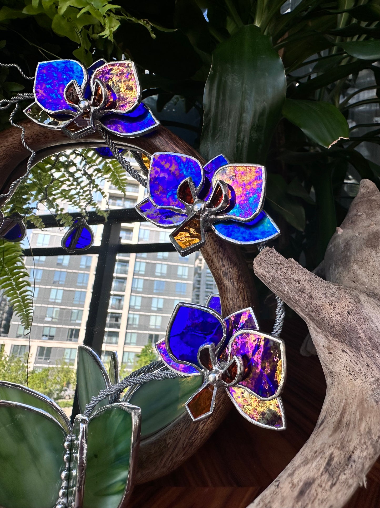 " . Amethyst gold luminescent Orchid Mirror”, Stained glass flower Wall decor, Suncatcher, Home wedding Decor, Christmas gift