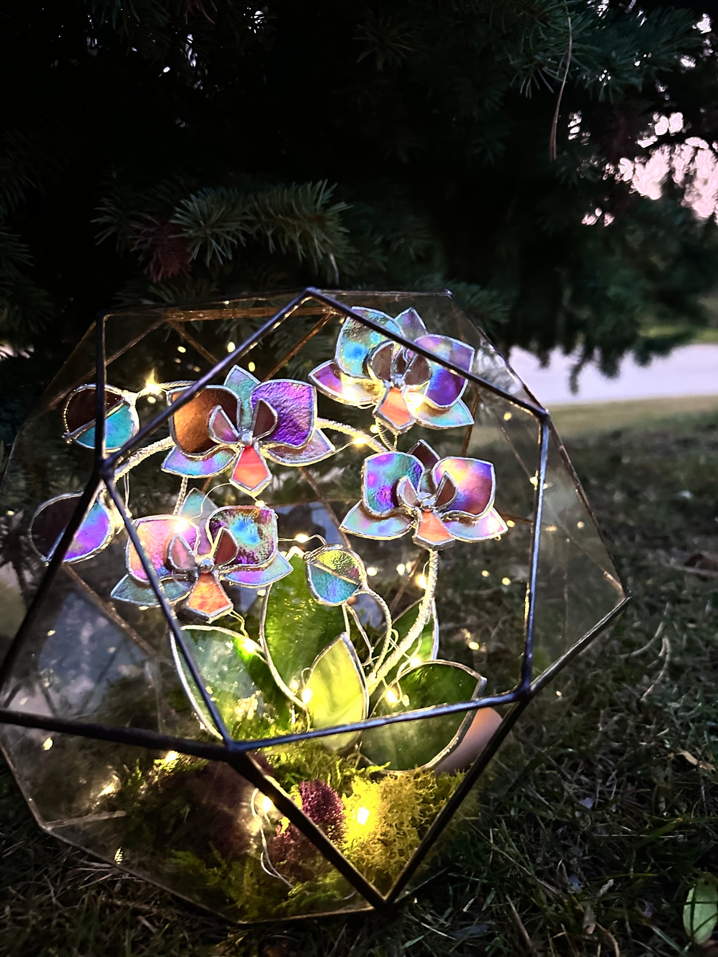 " . Geometric glass 3D terrarium Sphere with stained glass iridescent orchid. Wedding glass decor, Mother’s Day gift, glass art, suncatcher, succulents, cacti