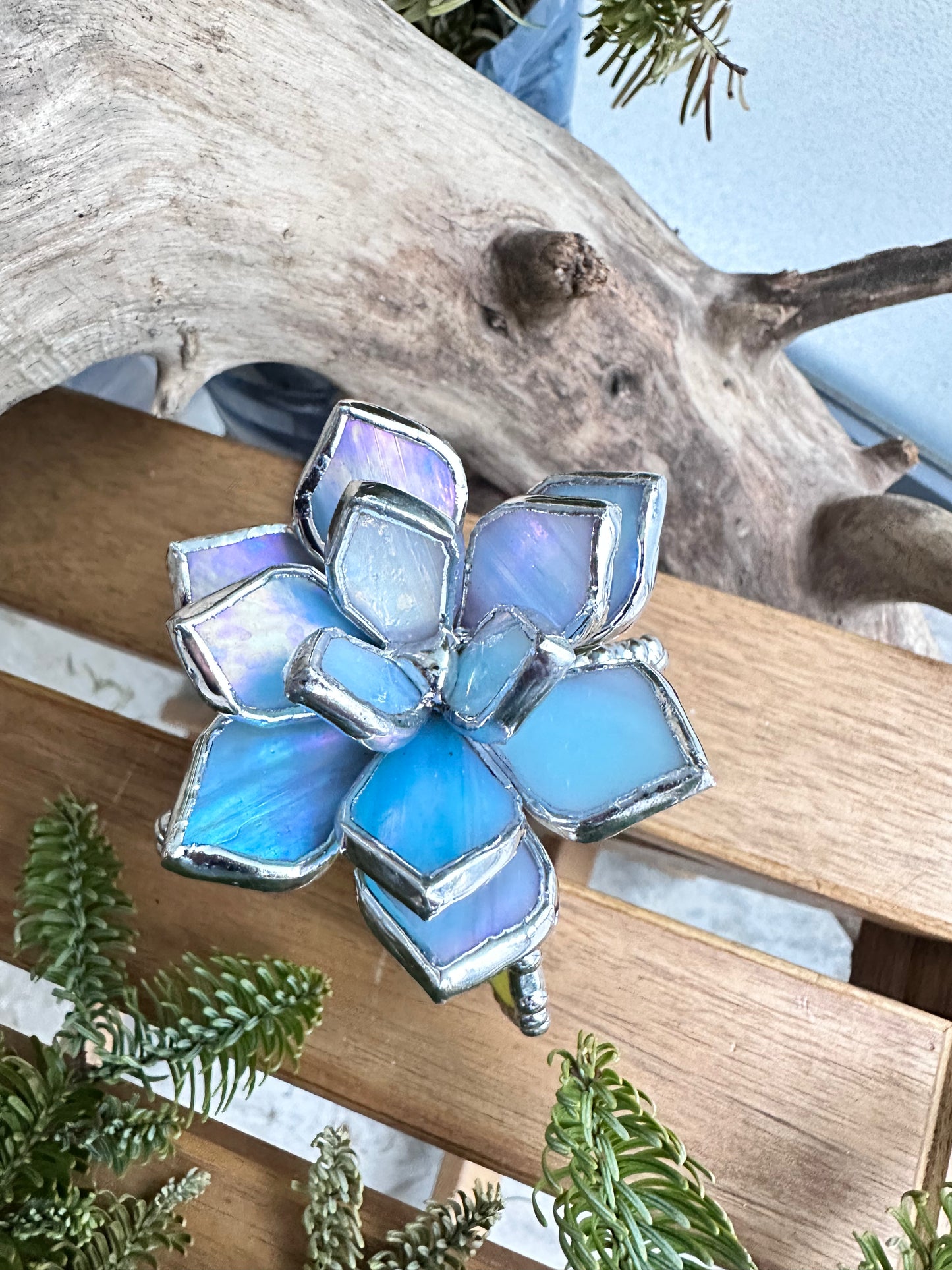 "Cactus XL Sky Blue Iridescent& Green Iridescent ", Stained glass, Succulent 3D Cacti house plant for flower pot Sun catcher glass art wedding