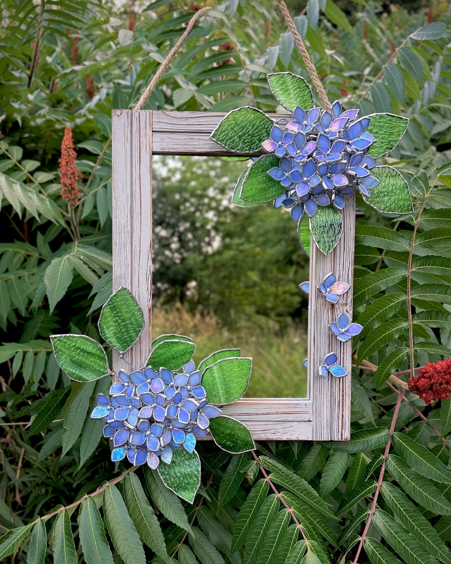 " . Amethyst Blue lavender iridescent Hydrangea Flower Mirror, Stained glass Wedding Wall Decor, Christmas gift, Suncatcher