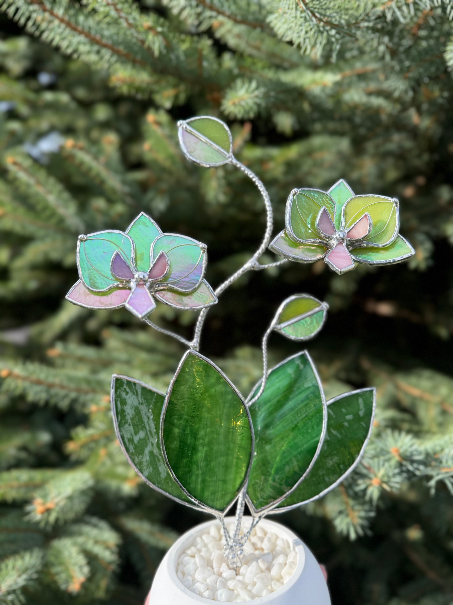 " . Bright green iridescent Orchid, 2 flowers with pot” Stained glass tropical flower 3D, Suncatcher, Table plant decor