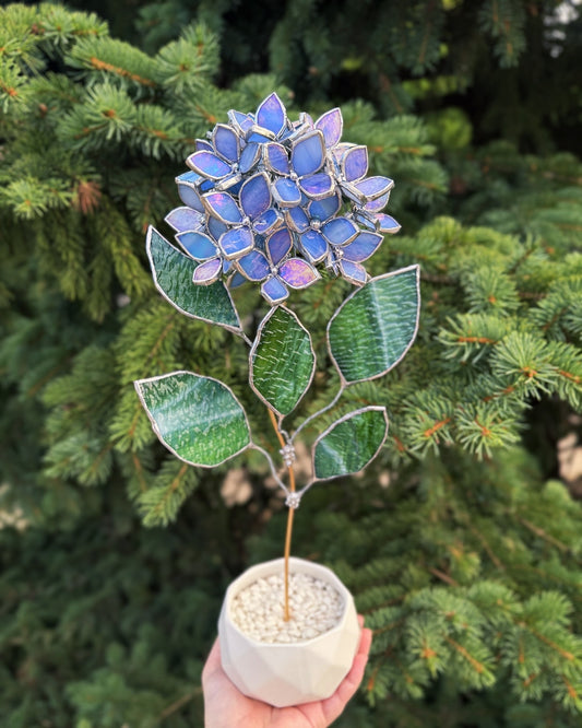 " .  Amethyst blue lavender Hydrangea bunch iridescent in the pot”, Stained glass tropical flower 3D, Sun catcher, Table plant, Garden stick, Outdoor and gardening decor