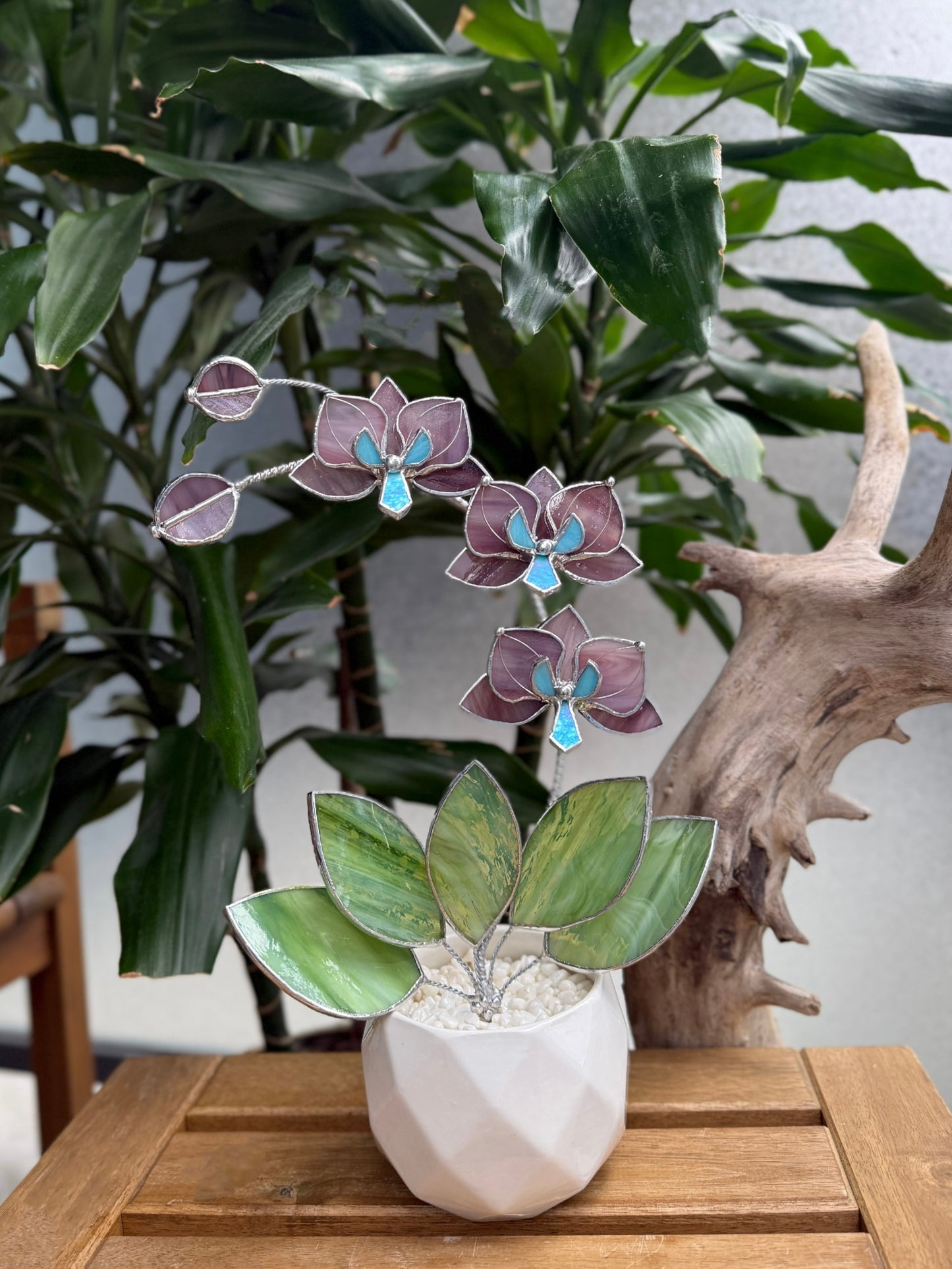 " . Dusty Rose translucent Orchid 3 flowers with pot 2025” Stained glass tropical flower 3D, Sun catcher, Table plant, Garden stick, Outdoor and gardening decor
