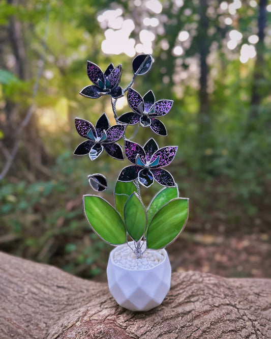 " .  Black Tiger Orchid, 4 flowers with pot”, Stained glass tropical flower 3D, Sun catcher, Table plant, Garden stick, Outdoor and gardening decor