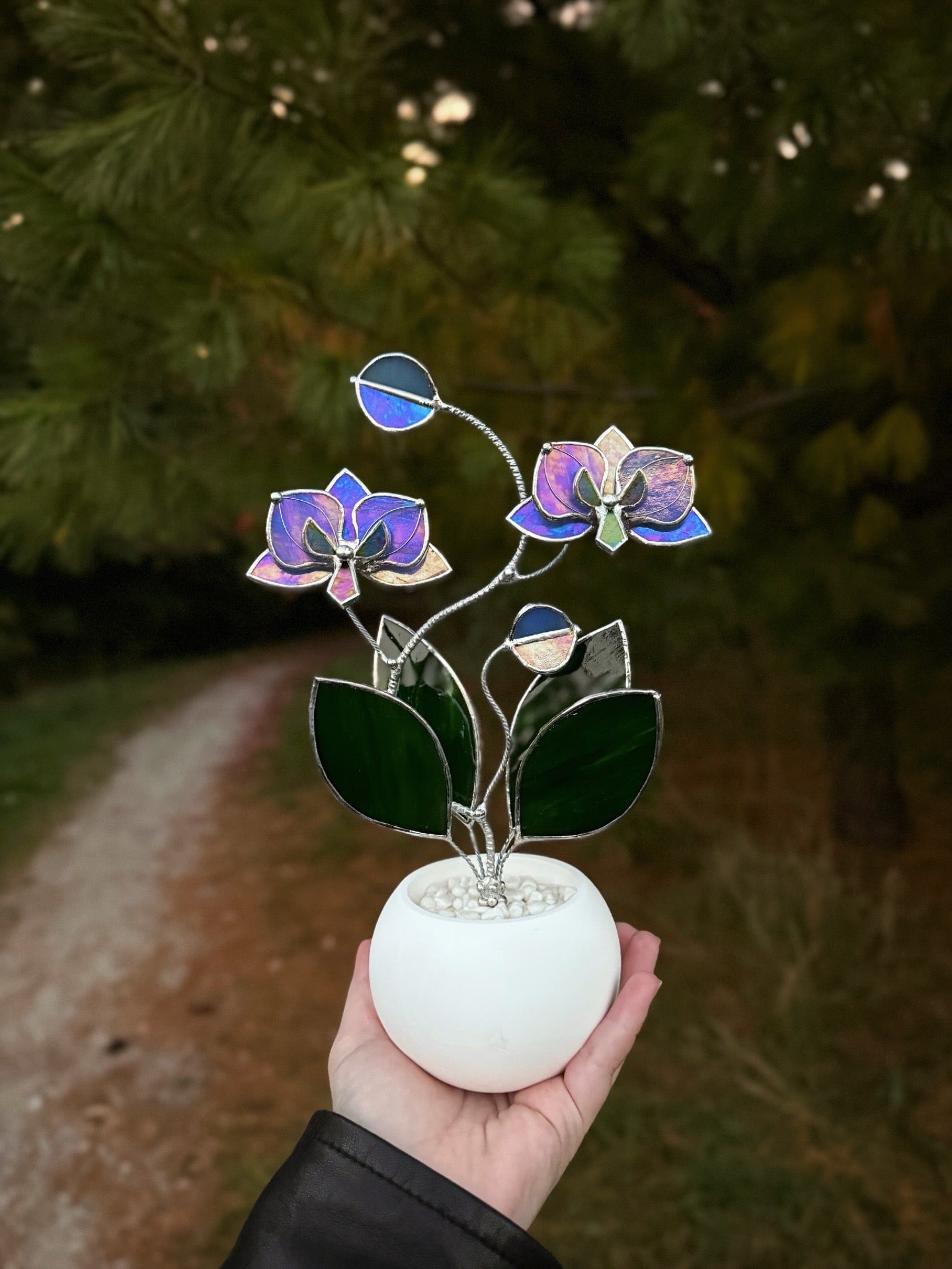 " .  Blue Lavender Orchid, 2 flowers with pot” Stained glass tropical flower 3D, Suncatcher, Table plant decor