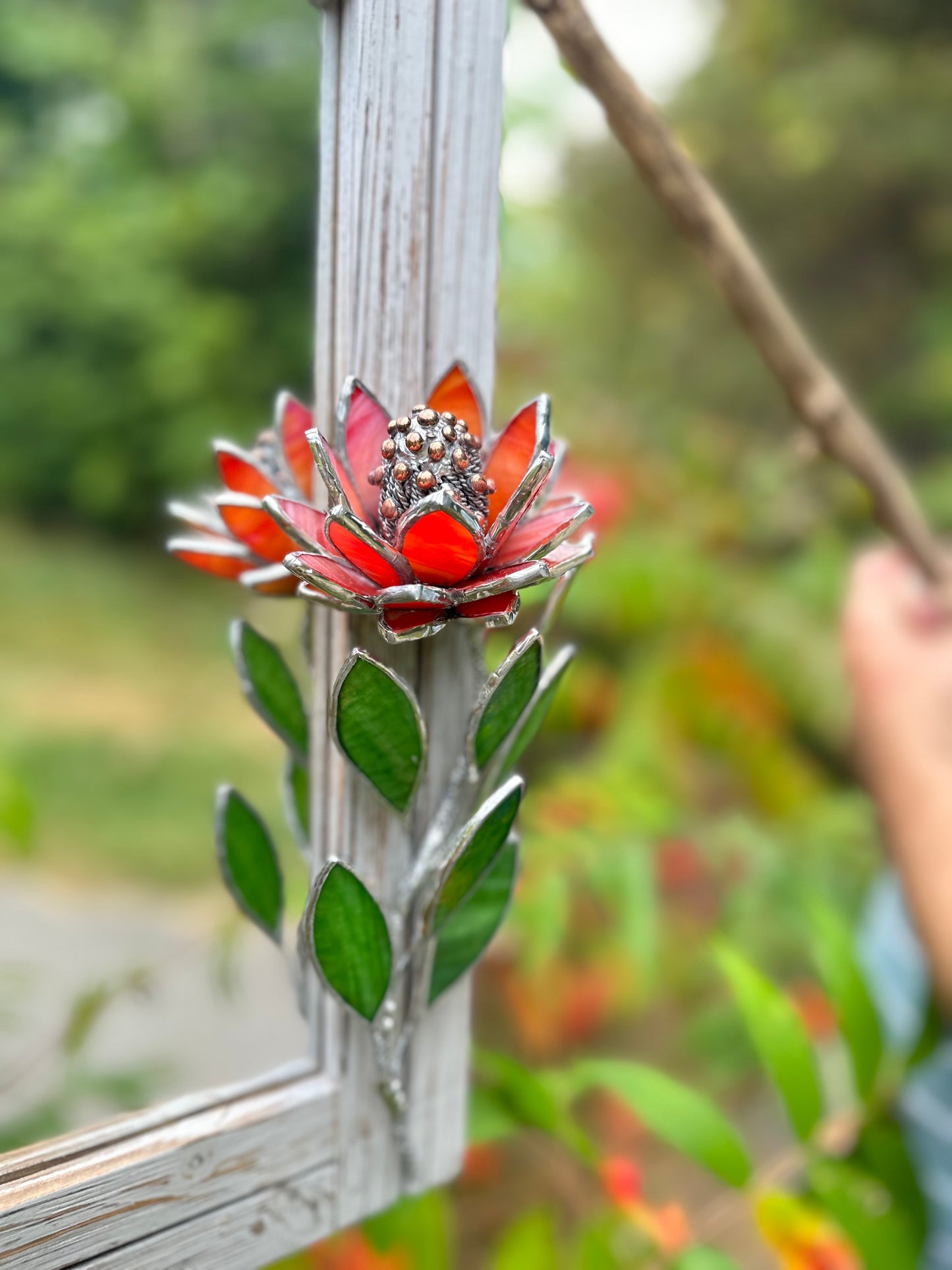 " . Red iridescent Protea Flower Mirror, Stained glass Wedding Wall Decor, Christmas gift, Suncatcher, available sale