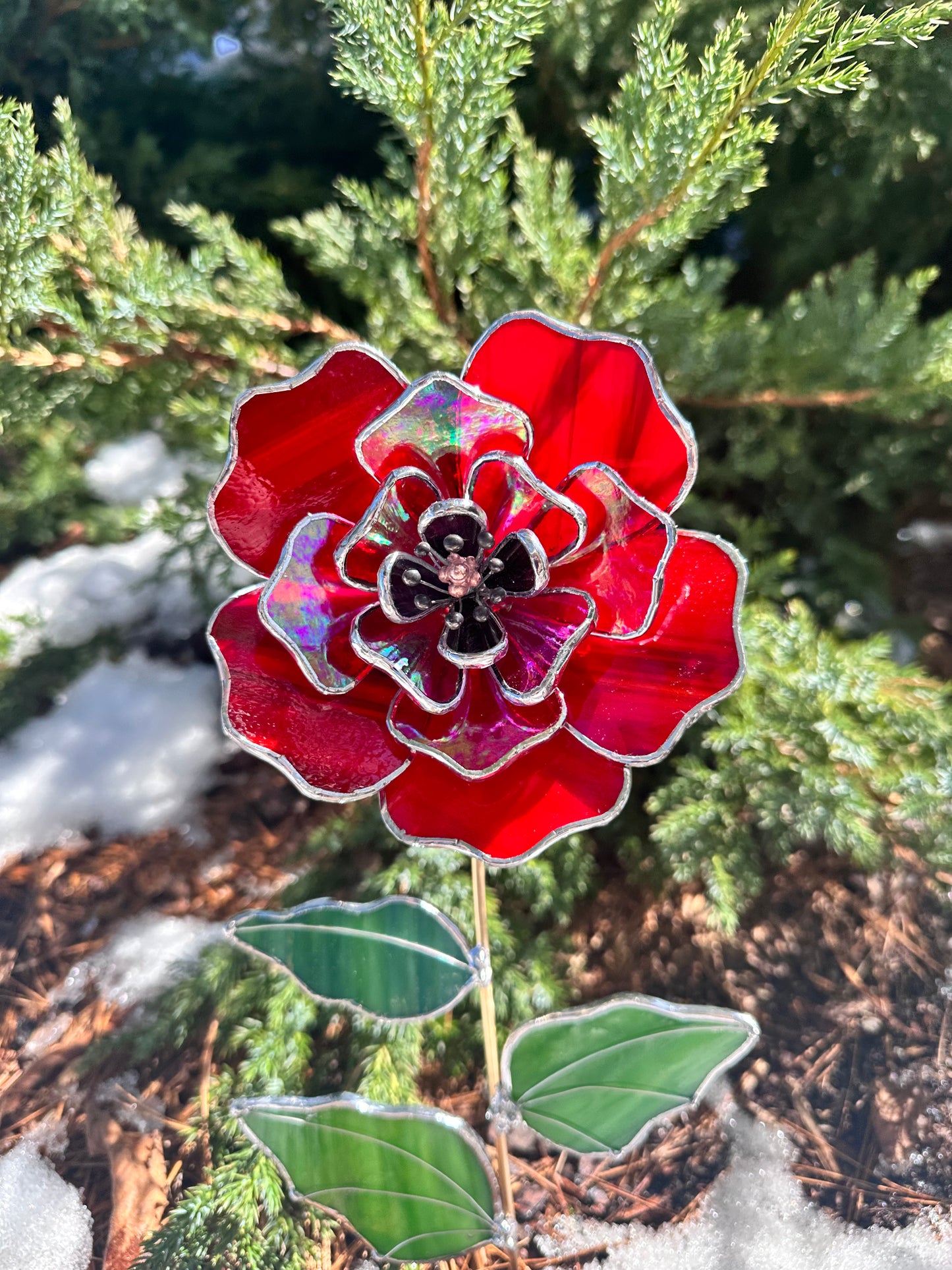 " . Beautiful Red Peony Iridescent", Stained glass tropical flower 3D, Sun catcher, Table plant decor, Garden stake, wedding decor, Christmas gift poppy