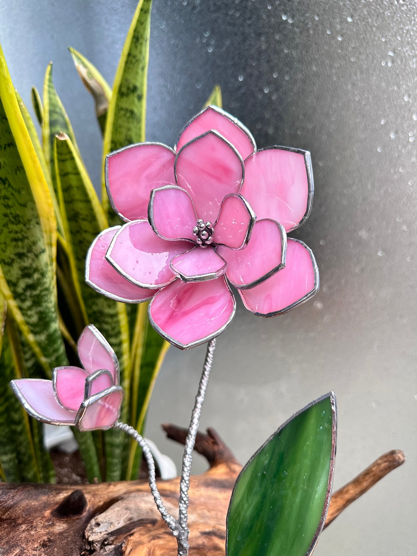 " . Pink Magnolia with a bud" Stained glass tropical flower Suncatcher Iridescent 3D, Table plant cactus decor, Home Garden stake, Mother’s Day gift, Outdoor and gardening, pot