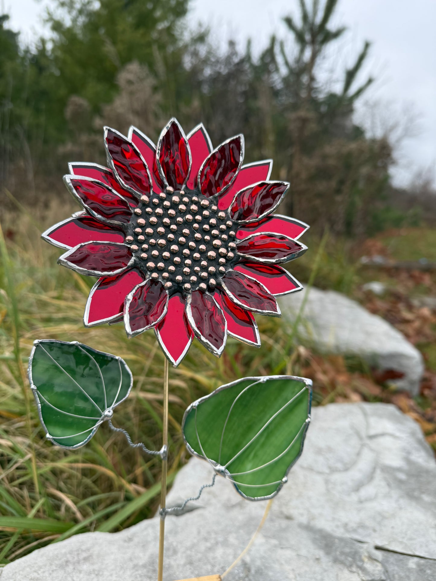 " . Ruby Red Sparcling Sunflower" Stained glass tropical flower 3D, Sun catcher, Table plant decor, Garden stake, wedding decor, Christmas gift