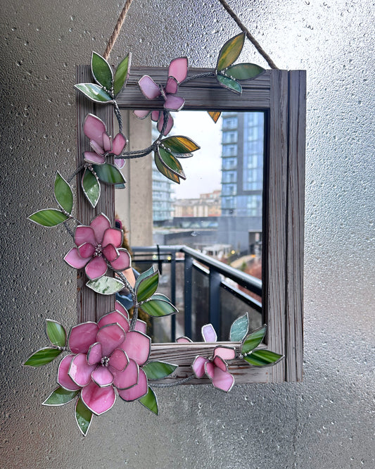 " .  Baby Pink Magnolia Flower Mirror, Stained glass Wedding Wall Decor Christmas gift, Suncatcher