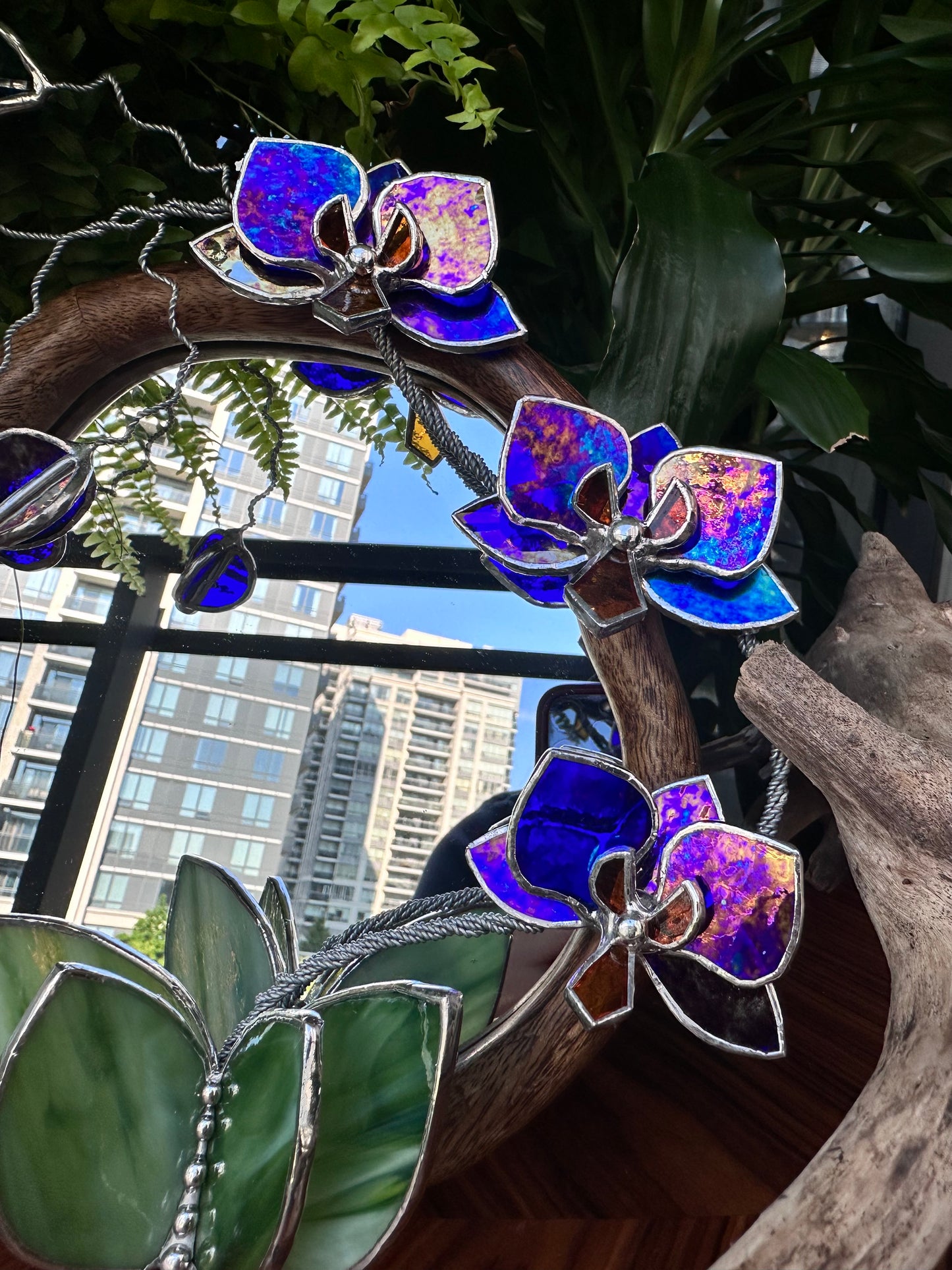 " . Amethyst gold luminescent Orchid Mirror”, Stained glass flower Wall decor, Suncatcher, Home wedding Decor, Christmas gift