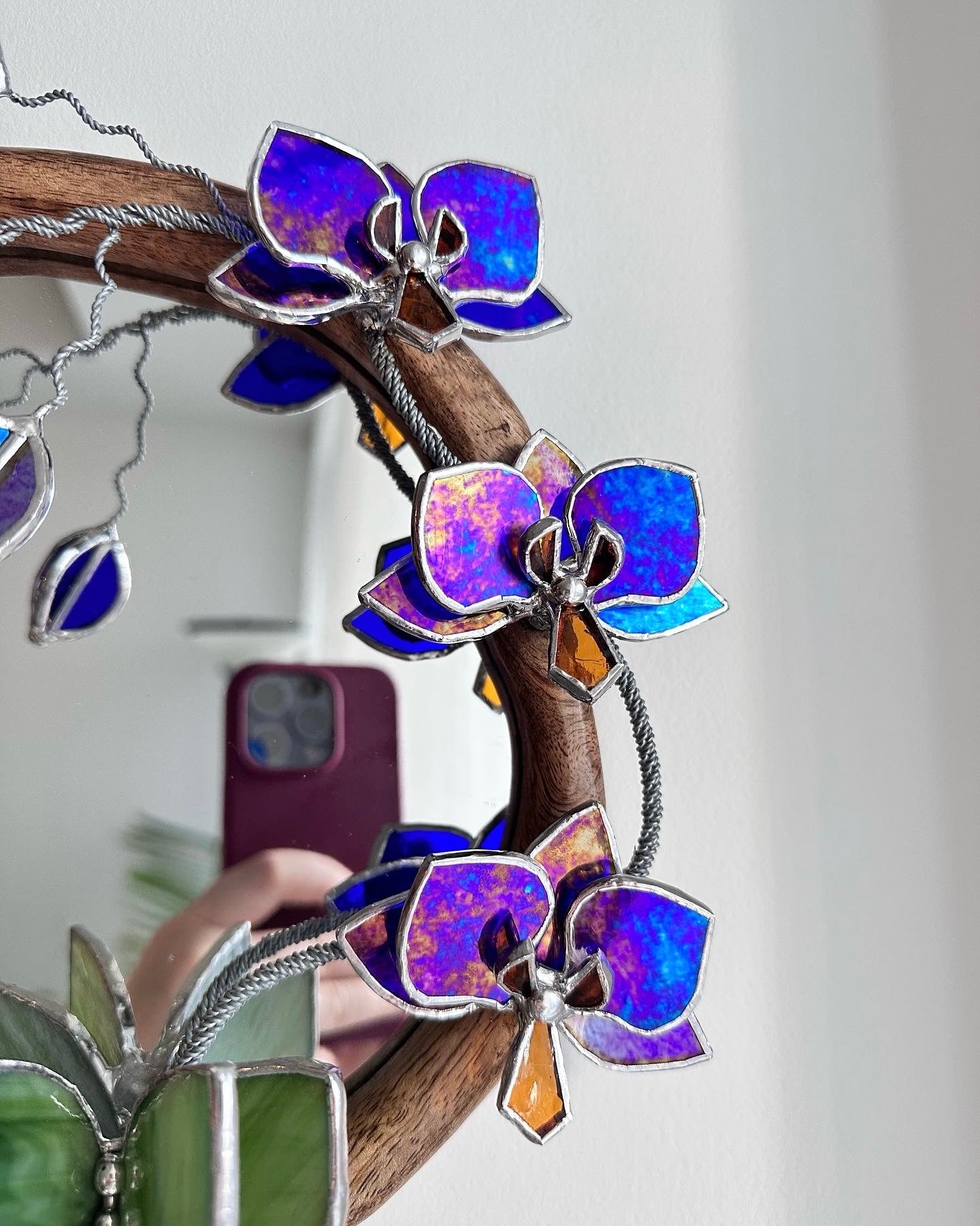 " . Amethyst gold luminescent Orchid Mirror”, Stained glass flower Wall decor, Suncatcher, Home wedding Decor, Christmas gift