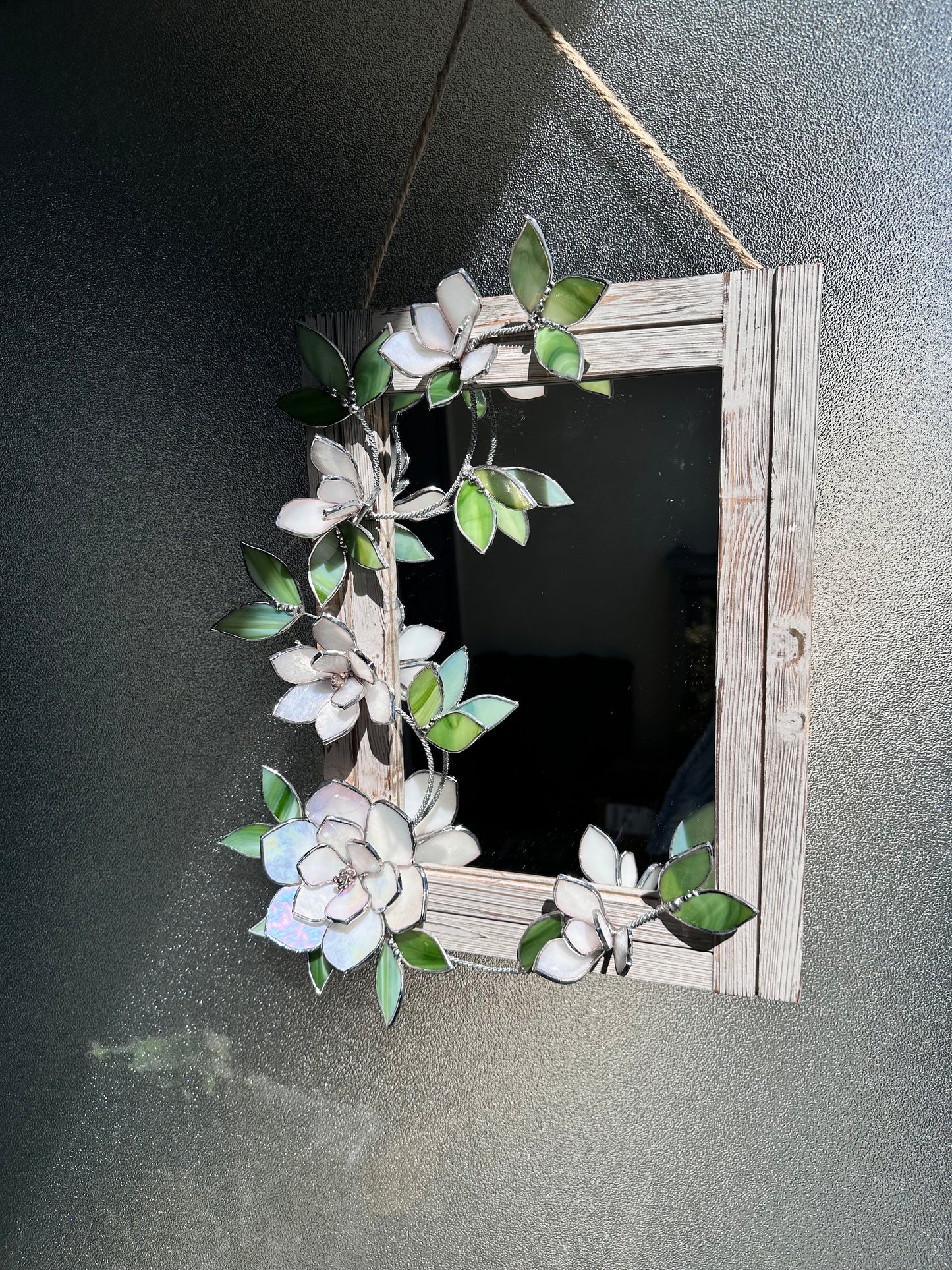 " . Magnolia White Pearl Stained glass flower Mirror Wedding Wall Decor Christmas gift Everlasting, Suncatcher, succulent,