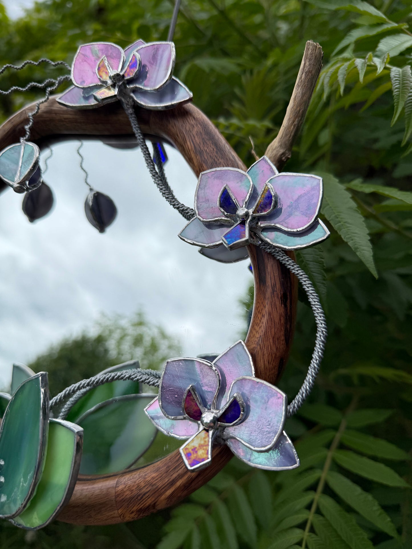 " . Amethyst & Lilac luminescent Orchid Mirror”, Stained glass flower Wall decor, Suncatcher, Home wedding Decor, Christmas gift available new