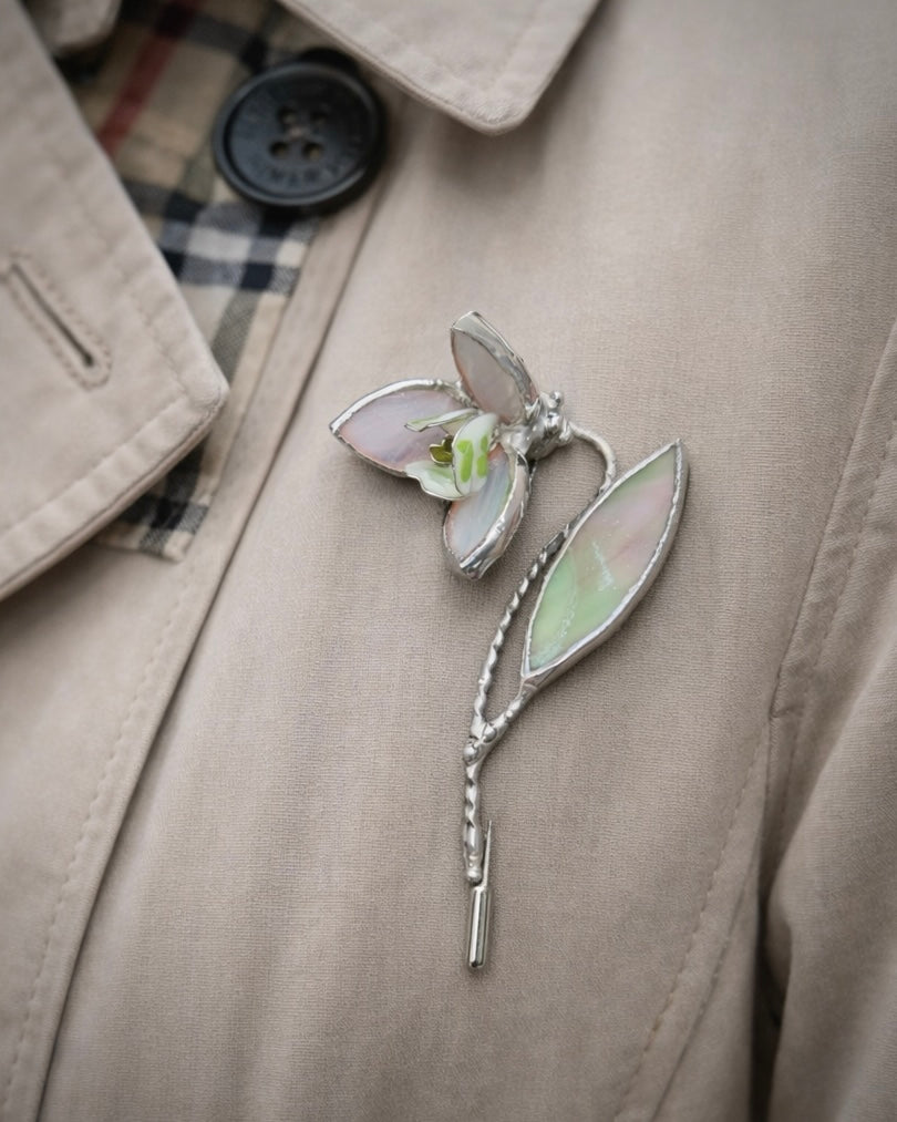 Snowdrop Brooch Statement Stained Glass Floral Pin, Modern Art Jewelry